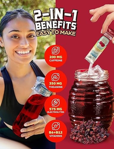 Miniatura 3 de Hydration + Energy - Mezcla de bebida de electrolitos  Sabor Hibiscus Agua Fresca  Polvo sin azúcar con cafeína, L-teanina, agua de coco y minerales