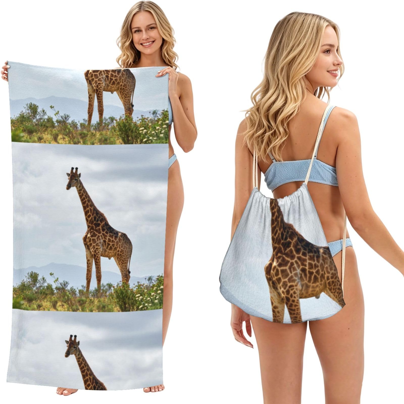 Poadnly As Picture Giraffe, 2 In 1 Packable Towel Bag, Beach Towels With Drawstring Backpack For Travel Holiday Camping