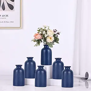 Blue Ceramic Bud Vases Set of 6 - Modern Boho Navy Blue Small Vase, Farmhouse Country Blue Vases Home Decor, Living Room Decoration, Table Decor, Fireplace Decor, and Entrance Decoration Centerpieces