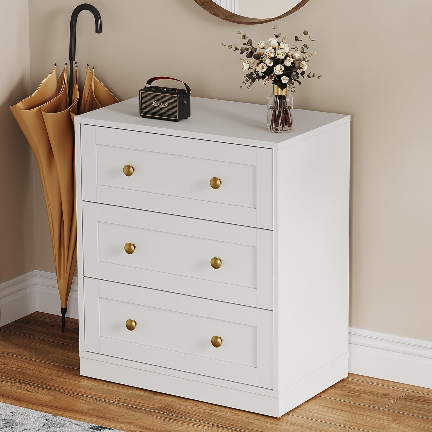 Large Nighstand, Wood Night Stand with 3 Drawers, Wood Side Table with Golden Round Knobs, Modern End Table Chest of Drawers for Living Room, Hallway, White