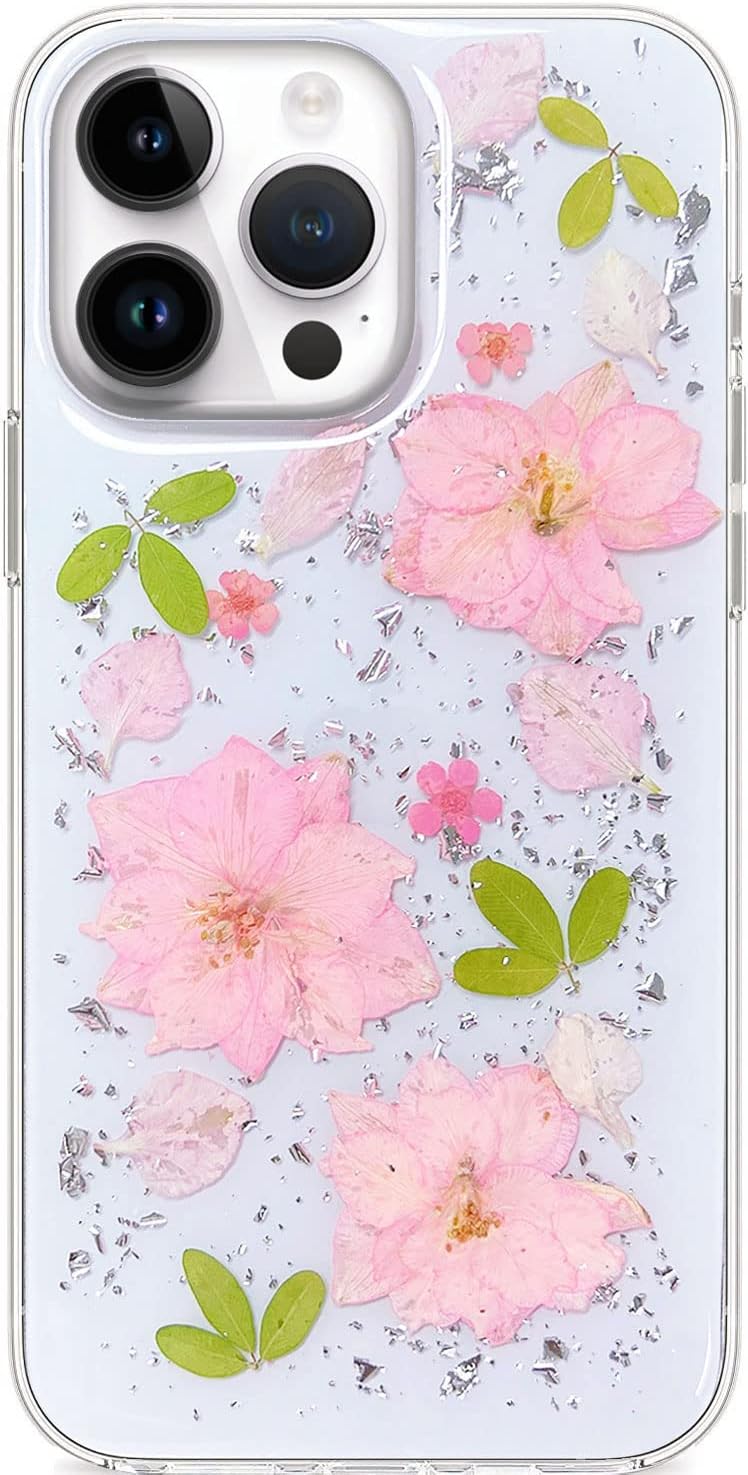 Abbery Designed For IPhone 14 Pro Pressed Flower Case, Cute Bling Glitter Sparkle