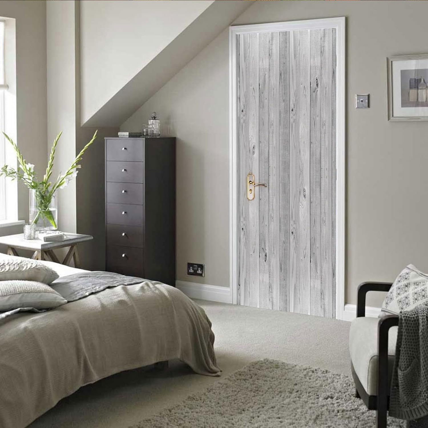 A.Monamour 3D Door Stickers for Interior Doors White Grey Wooden Rustic Background Wood Grain Texture Vinyl Waterproof Self Adhesive Door Mural Decals for Bedroom Office Bathroom 85x215cm