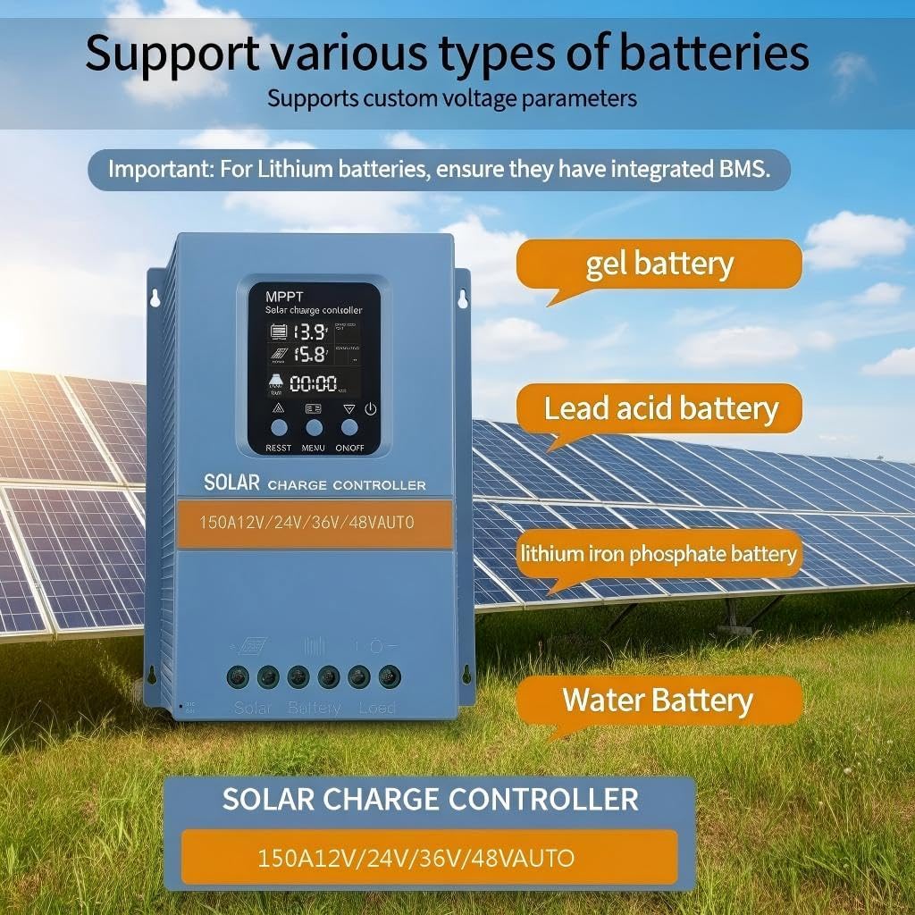 Solar Charge Controller 150A 12V 24V 36V 48V Intelligent Recognition LCD Display Battery Intelligent Regulator Maximum 100V Input Dual USB for Lead Acid/Lithium Battery (SA150A)
