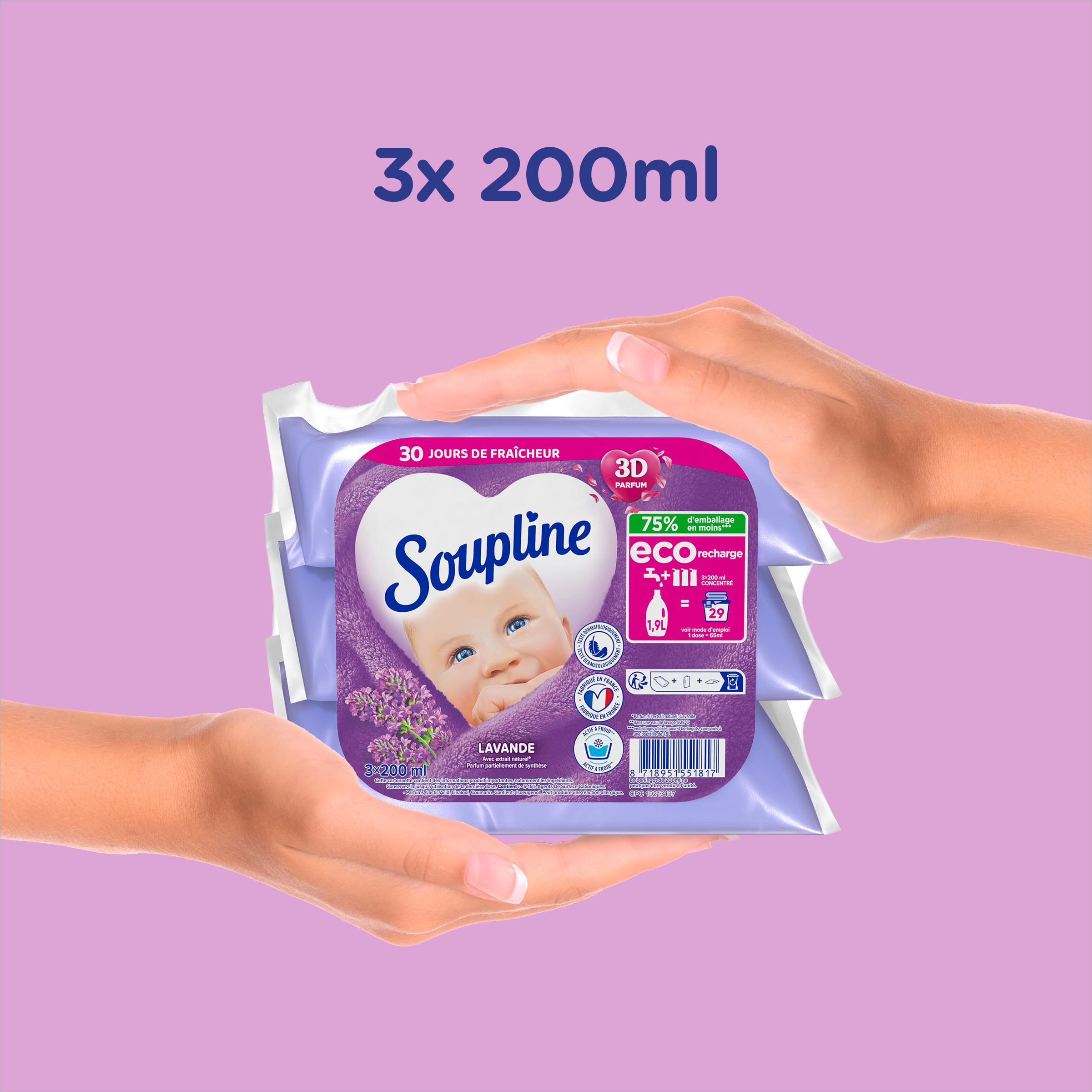 SOUPLINE - Ammorbidente concentrato 3D Lavanda - Eco-Ricariche - Formula attiva a freddo - 92% di ingredienti di origine naturale - 16 confezioni da 3 x 200 ml