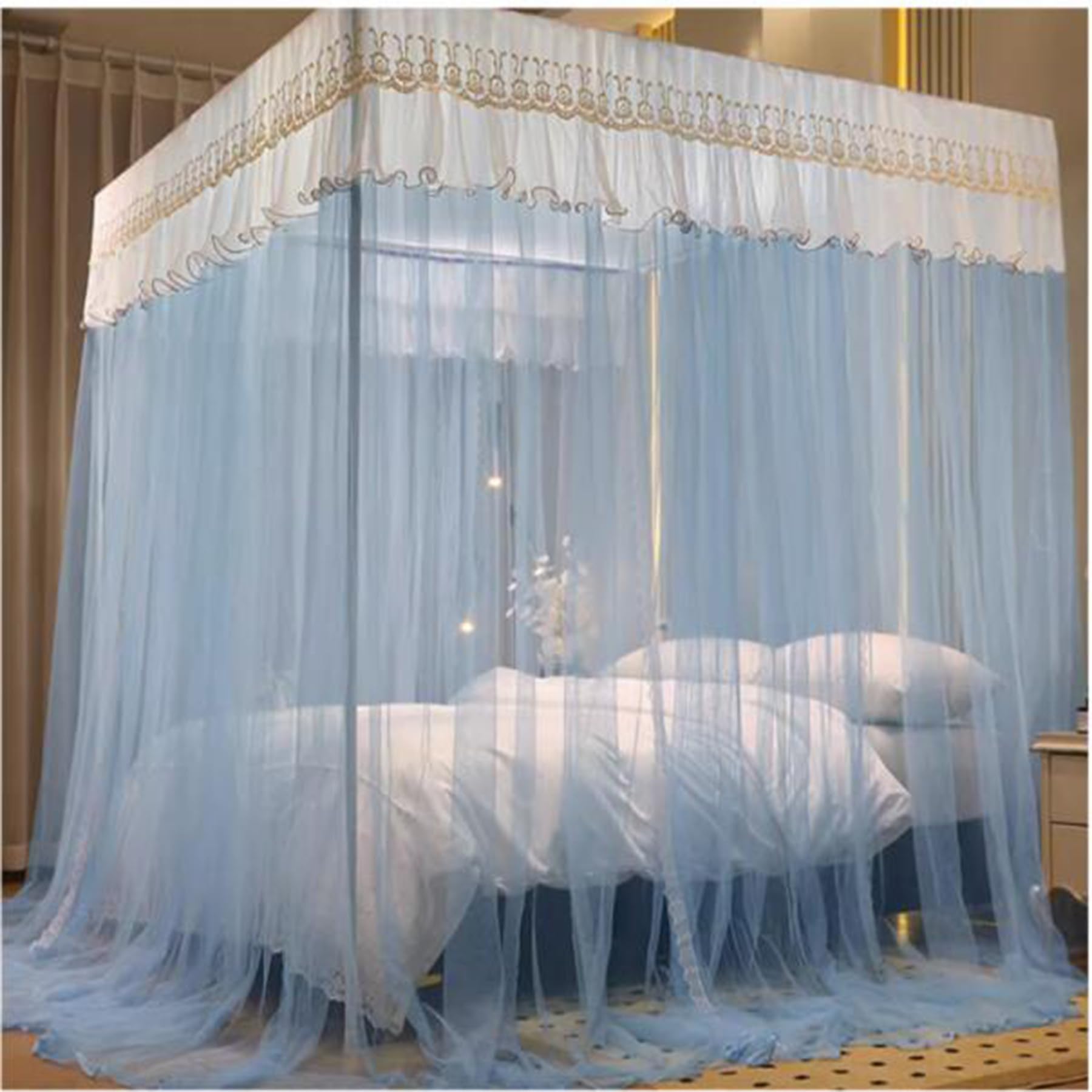 GJMSSMY bed tent，Bed Canopy Poles Full Size Canopy Bed Frame Curtains Grace Mosquito Net Bed Frame Curtain Brackets with Curtain for Twin Full Queen King Size Bed,Blue,Queen