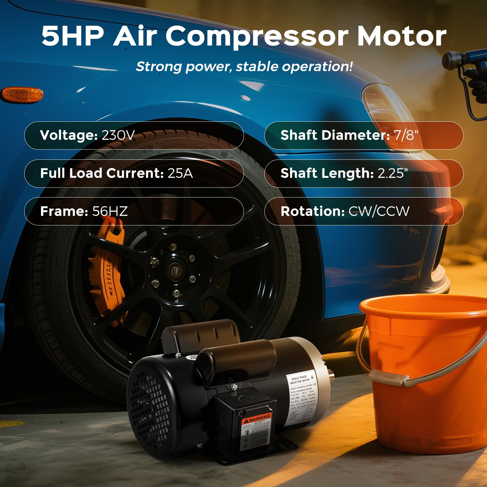 Bonvoisin Motor de compresor de aire de 5 HP, motor eléctrico monofásico | Marco de 56 Hz, 3450 RPM, eje con llave de 2,2 cm, longitud del eje de 5,71 cm, rotación CCW/CW, 230 V, 25 amperios