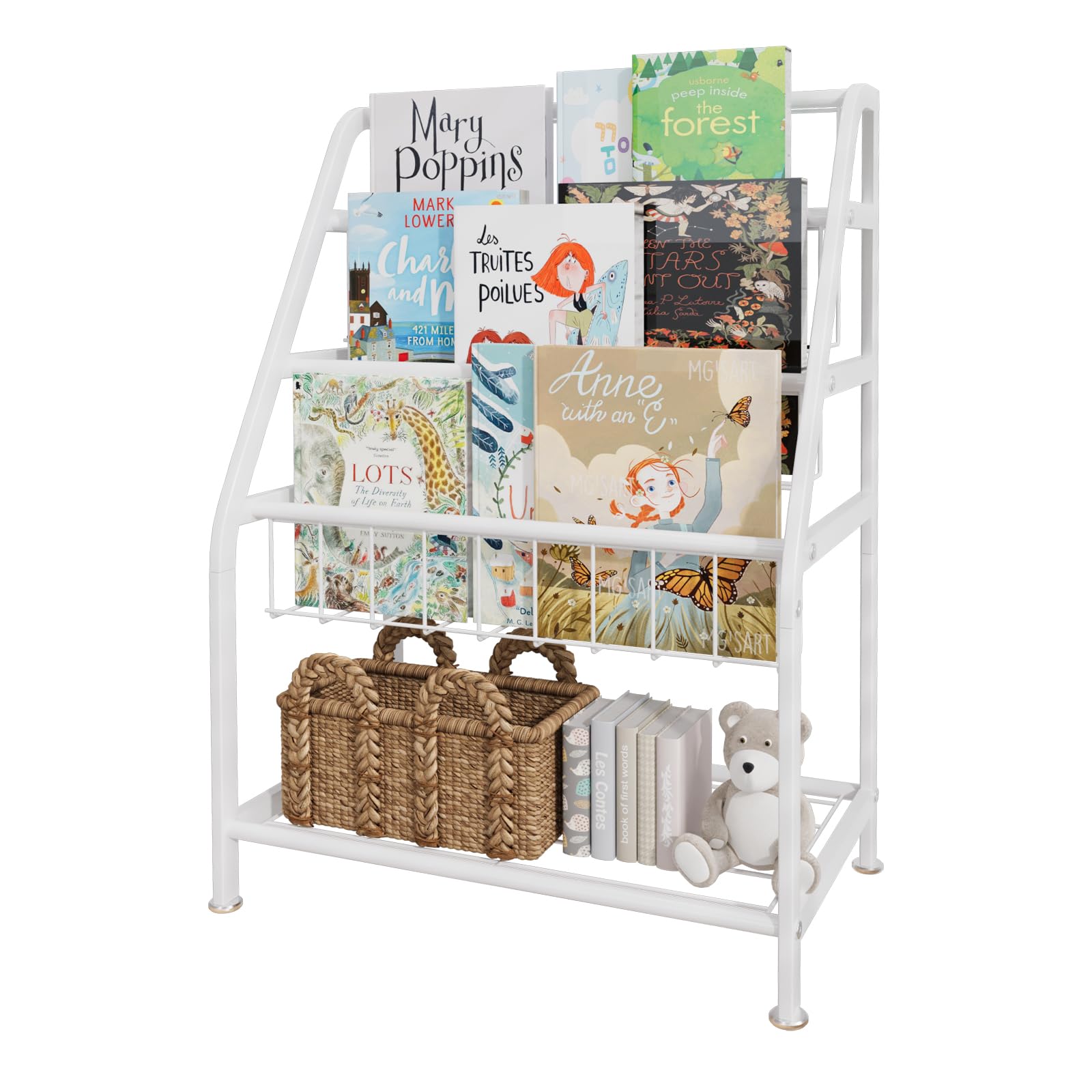 AzheruolKids Bookshelf Freestanding for Children Room 18 Inches Small White Metal Bookcase Large Capacity Books Toys Organizer Stable 5 Tiers Kids Book Rack for Playroom Bookstore Library