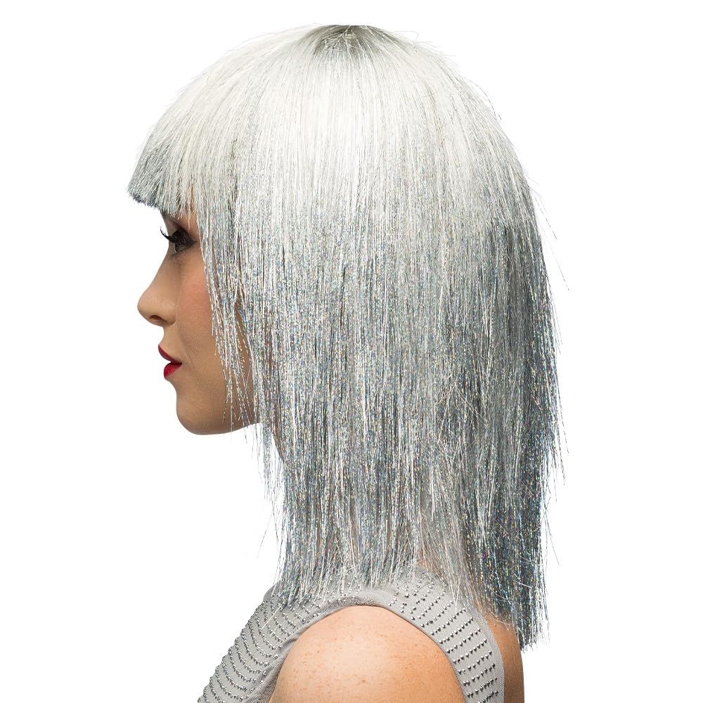 Boland Crazy Silver Glitter Wig for Adults, Sparkly Tinsel Fancy Dress Wig with Fringe for Parties Carnival, Festivals, Disco - Image 2