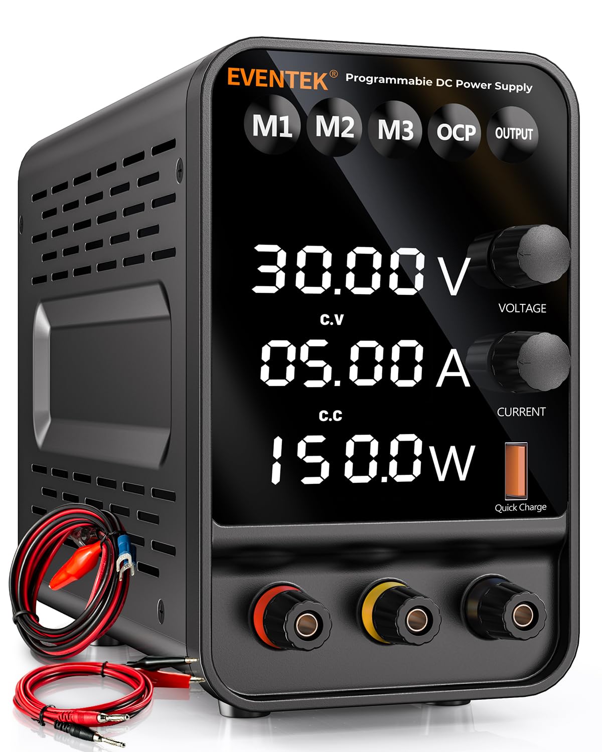 Alimentation de Laboratoire, Eventek 30V 5A Alimentation Stabilisée DC Réglable et Programmable Stockage des données,avec Affichage LED à 4 Chiffres, 5V/3.6A Port USB, Bouton de Sortie encodeur