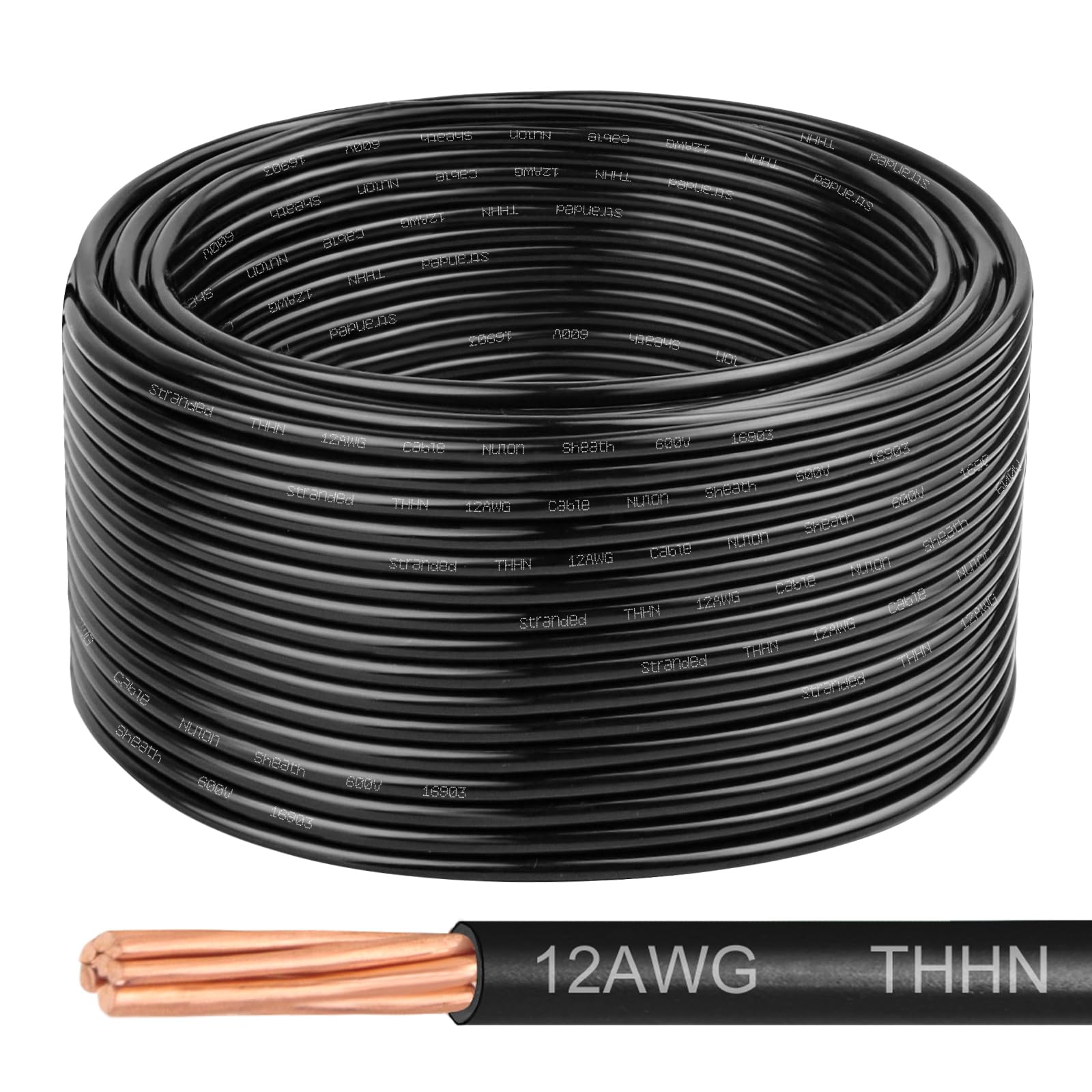 - THHN Wire 12 Gauge 100 FT, 12 AWG Stranded OFC Copper Electrical Building Wire with Nylon Jacket PVC Insulation, Rated 600V for Residential, Industrial, CNC, Ground (12 Gauge, Black)