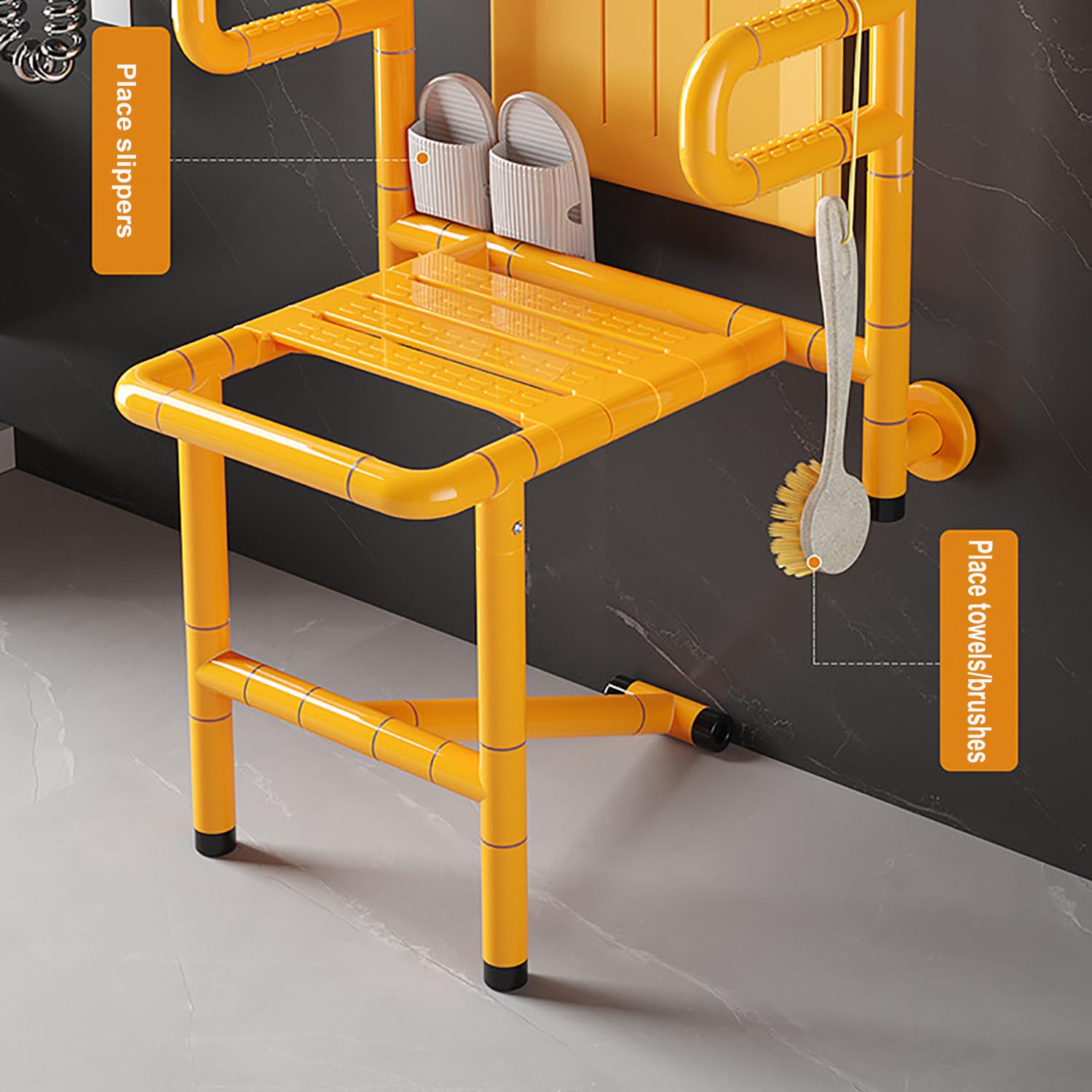 Taburete de Ducha Plegable Montado en la Pared,Ahorra Espacio | Silla de Ducha,con Respaldo,Luminoso,Reposabrazos Giratorio,Antideslizante,para Ancianos/Discapacitados,Capacidad 300 KG