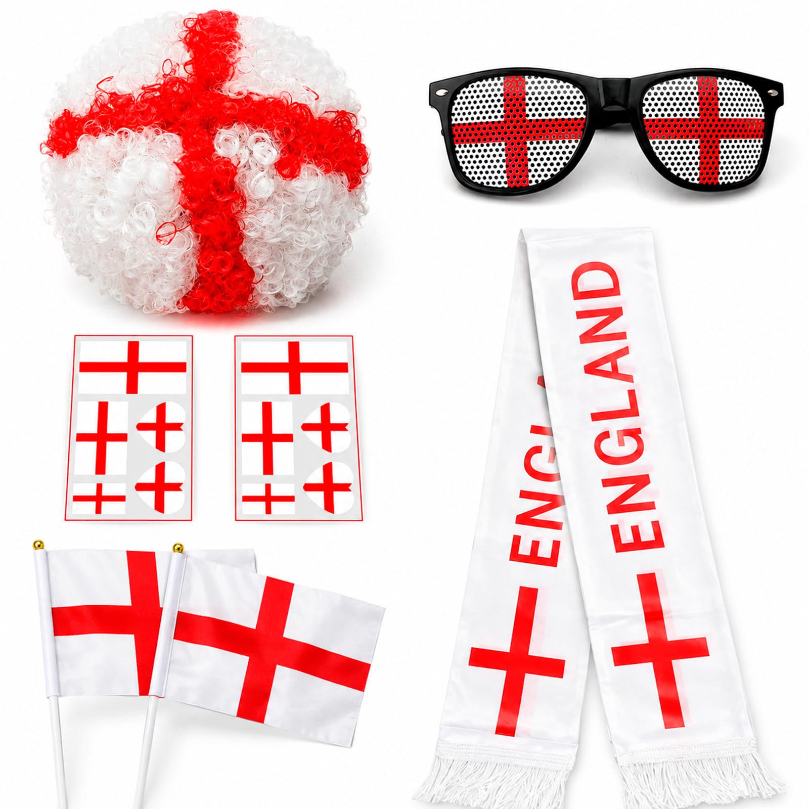 PUQGAOIP England Fan Set for World Cup Football 2026: Afro Wig, England Scarf, Flag Design Glasses, 2 Hand Flags & Tattoo Stickers – Ultimate England Accessories and Match Day Merchandise Kit