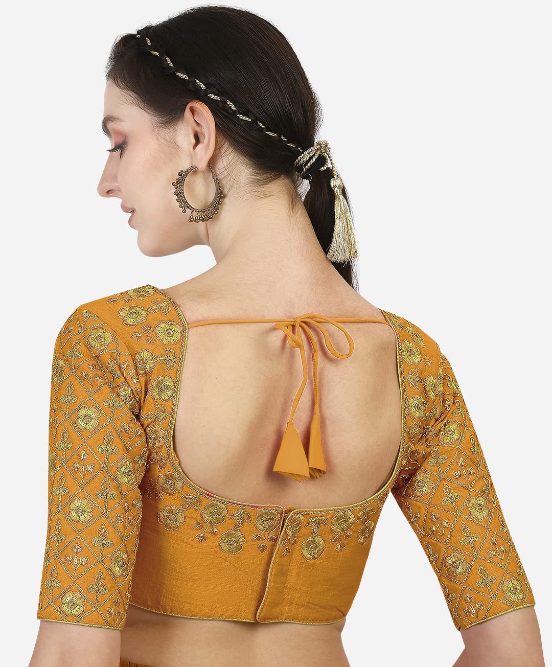 Pujia Mils Women's Silk Solid Half Sleeve Blouse (Madhubala Blouse_Yellow_40)