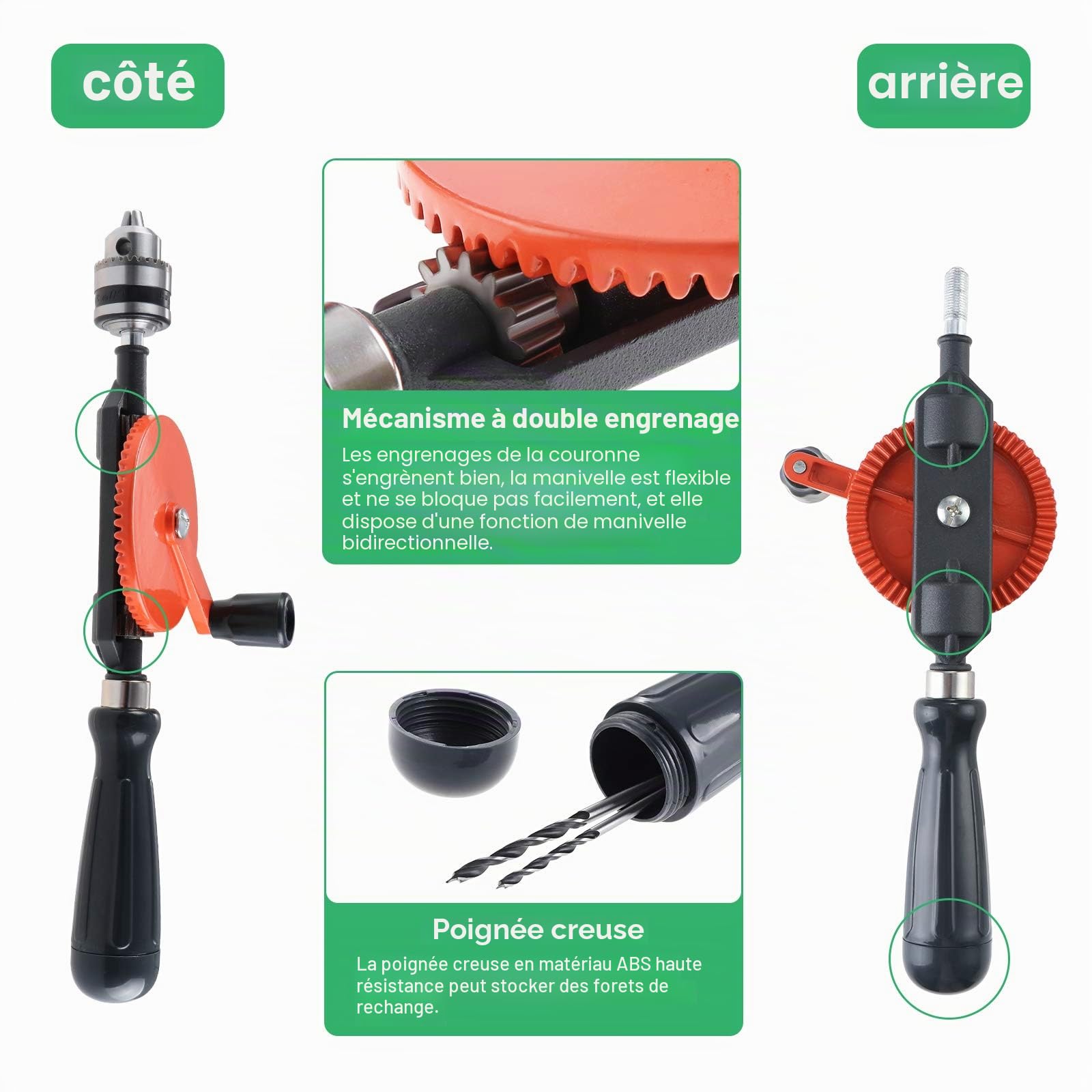 HSEAMALL Perceuse à main – Manivelle manuelle, capacité de 1,5 à 10 mm, mandrin à double pignon, pour bois, plastique, acrylique, poinçonnage de circuit imprimé