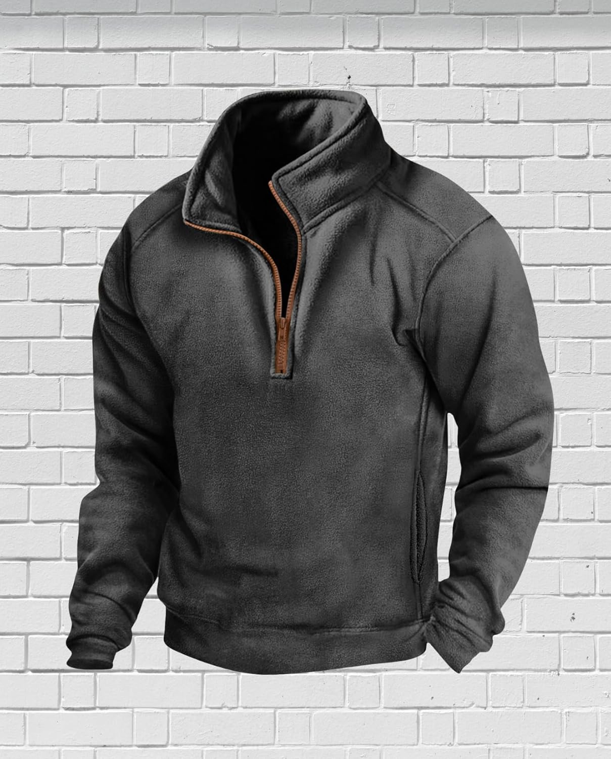 Mens Stand Collar Half Zip Warm Fleece Fall Sweatshirt Long Sleeve Slim Fit Tactical Shirt with Arm Zipper pocket - Image 2