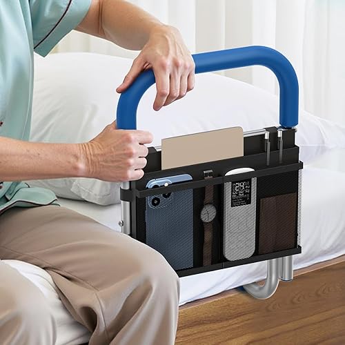 Rieles de cama para adultos mayores, riel de asistencia de cama ajustable en altura para personas mayores con organizador de almacenamiento y mango