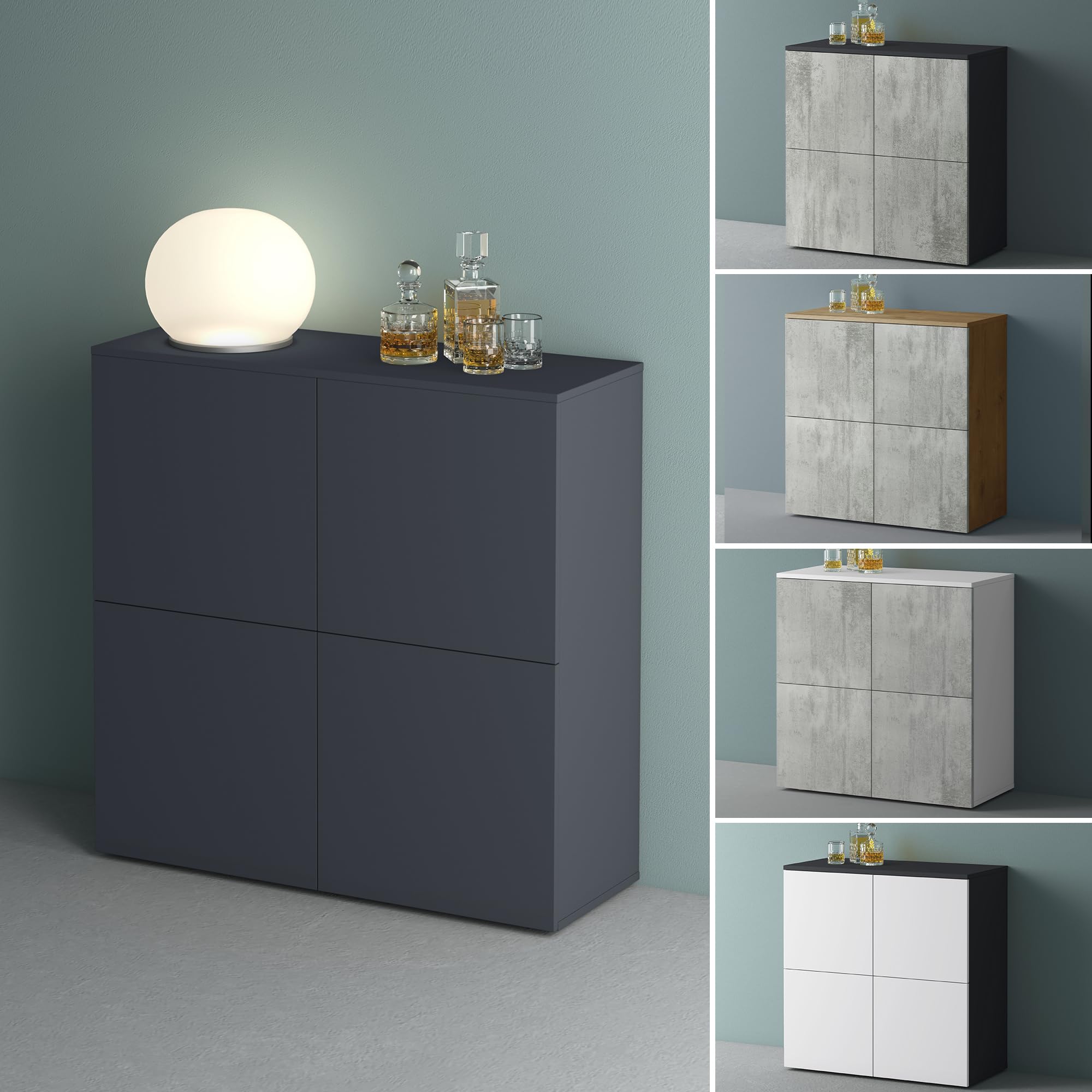 Mai & Mai Sideboard 100cm Kommode 4 Türen Soft-Close grifflos Stauraum | Kommodenschrank, Wohnzimmer Möbel, Flurschrank, bis zu 8 Staufächer, Anthrazit matt, BxTxH:100x36,4x98cm, Schrank04