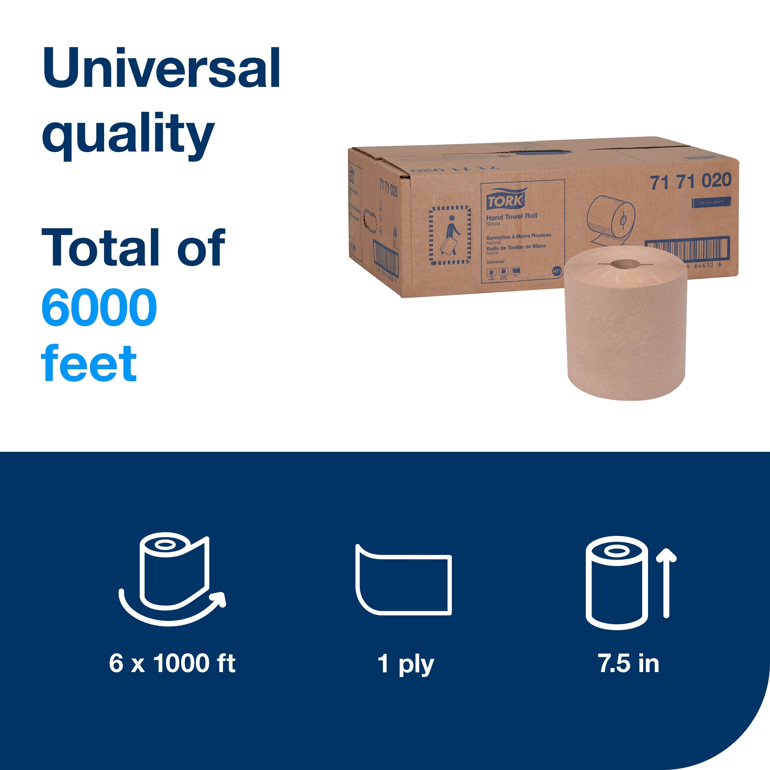 Tork 7171020 Rollo universal de papel para toallas de mano, I-Notch, 1 capa, 7.5 pulgadas de ancho x 1000 pies de largo, natural (caja de 6 rollos, 1000 pies por rollo, 6.000 pies por caja)