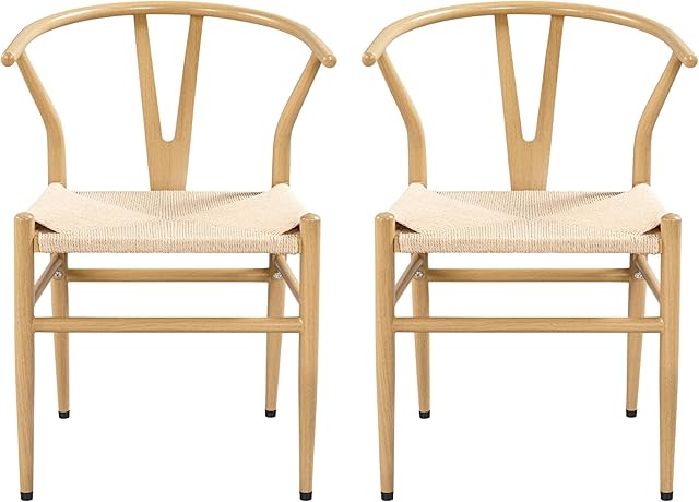 costoffs Weave Arm Chair Wishbone Chairs Modern Dining Chairs Mid-Century Metal Dining Chair Accent Chair Set of 2, Wood Color