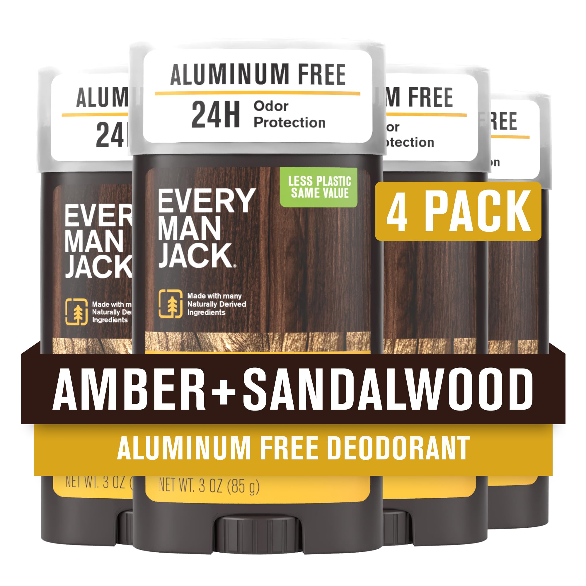 Amber + Sandalwood Men’s Deodorant - Stay Fresh with Aluminum Free Deodorant For all Skin Types - Odor Crushing, Long Lasting, with Naturally Derived Ingredients - 3oz (4 Pack)
