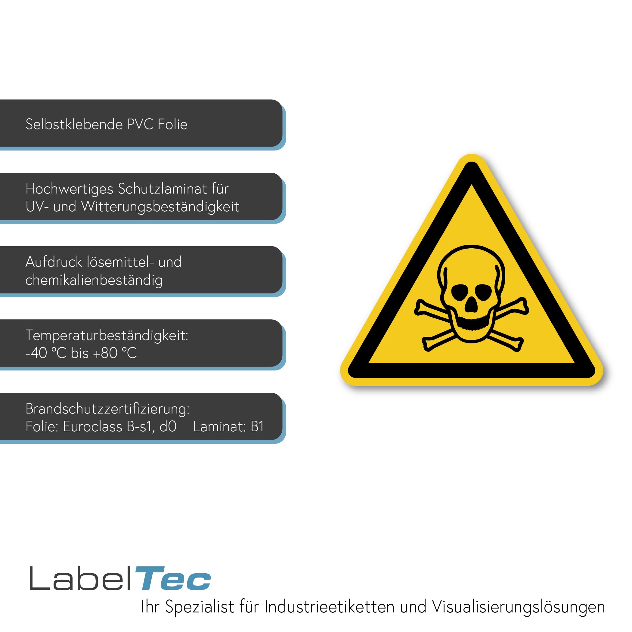 Señal de advertencia de sustancias tóxicas según la norma DIN EN ISO 7010 ASR A1.3 – Material peligroso símbolo calavera pegatinas de advertencia autoadhesivas para laboratorio químico