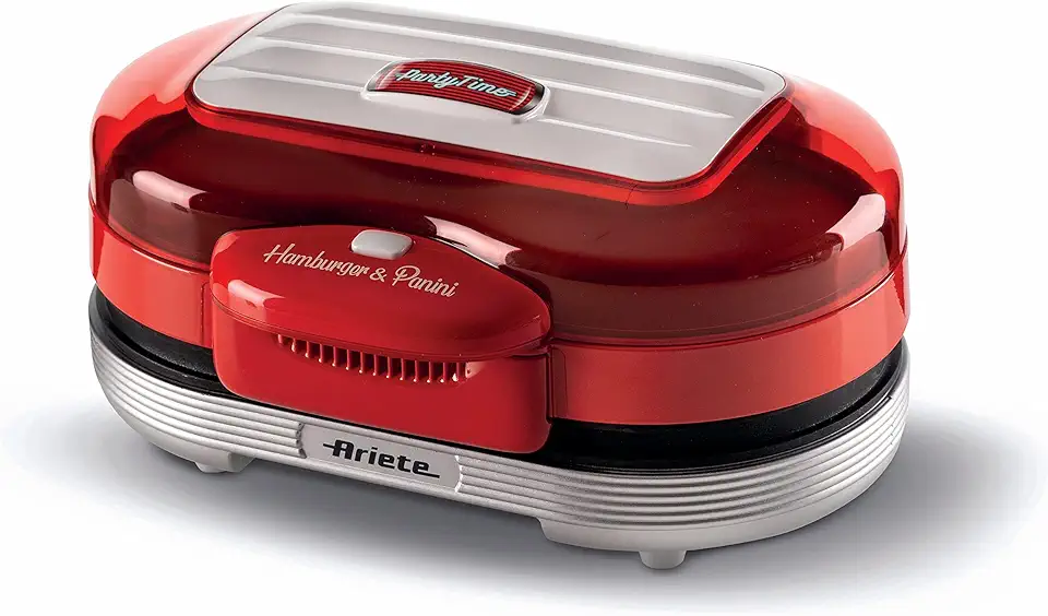 Ariete 205, Grill Burguer Retrô Vermelha - Party Time, Grelha Hamburguer e Aquece Pães, Base dupla antiaderente, 1200W - 220V