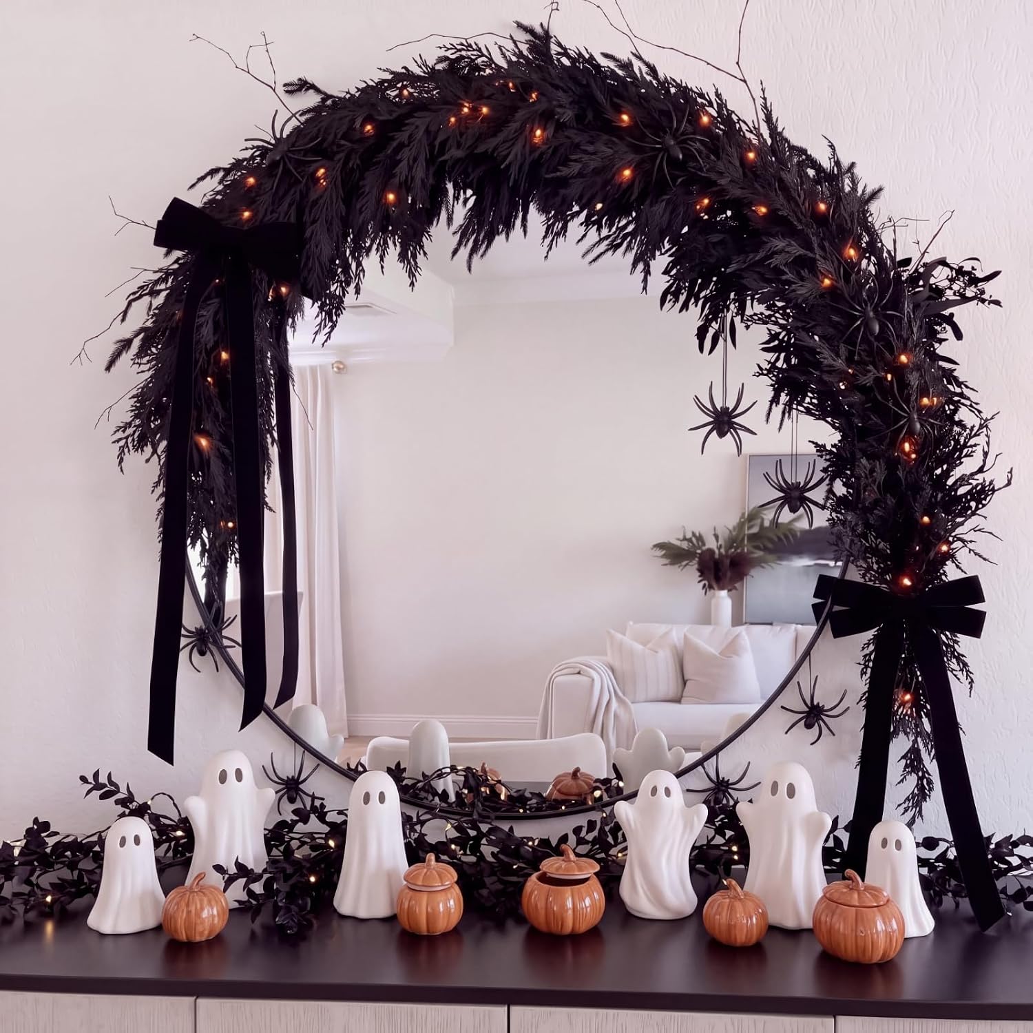 Thiccywoov Lighted Black Halloween Cedar Garland with 20 Spiders & 2 Bows