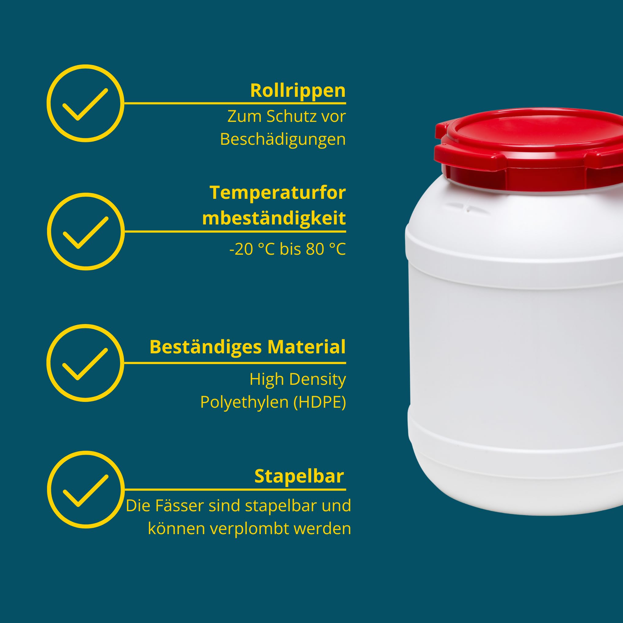 Curtec HDPE Weithalsfass, stapelbar, wasserdicht, temperaturformbeständig bis 80°C, mit rotem Schraubdeckel, Gummidichtung, naturweiß, 6 Liter
