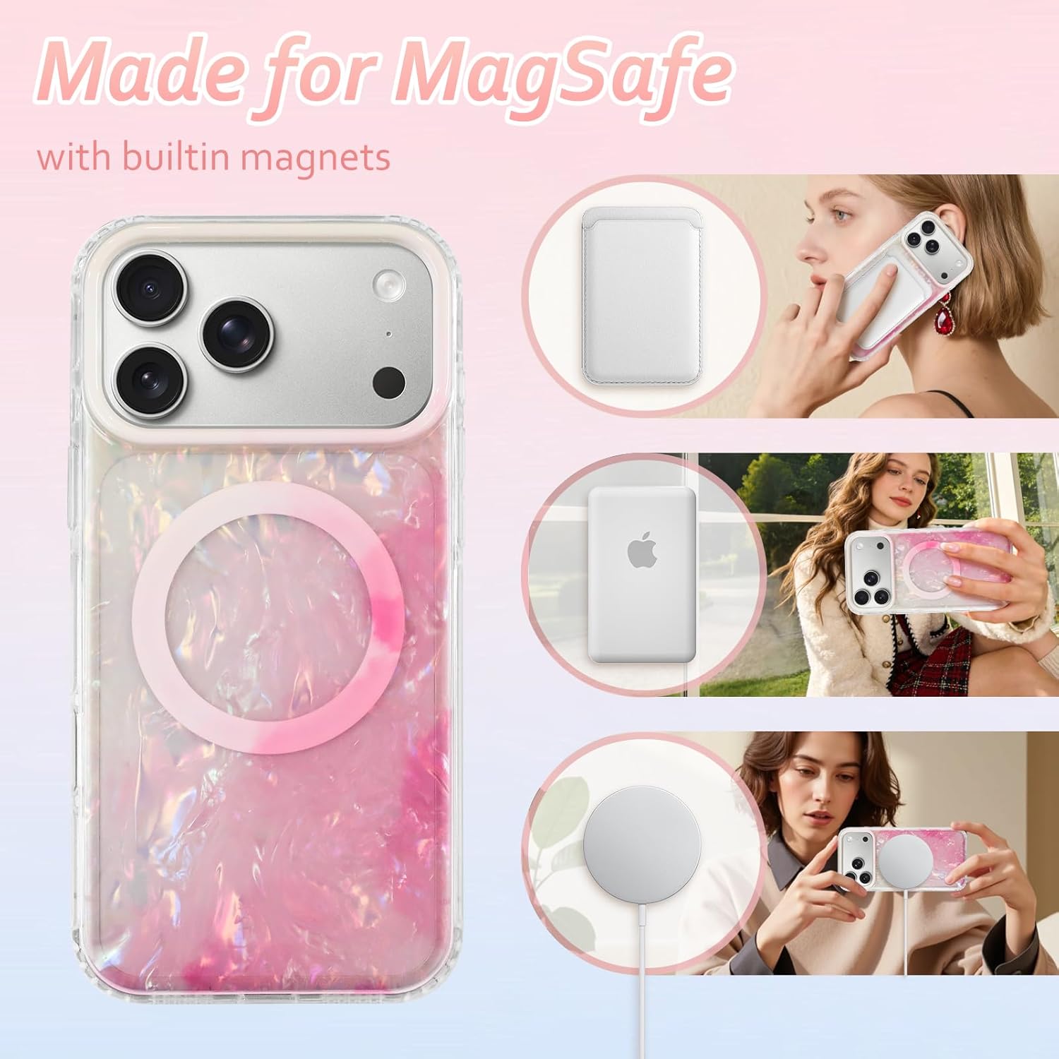 for iPhone 17 Pro Max Case， Compatible with MagSafe，with Colorful Pearl Iridescent Design, of Pearl Gradation Shell Pattern.