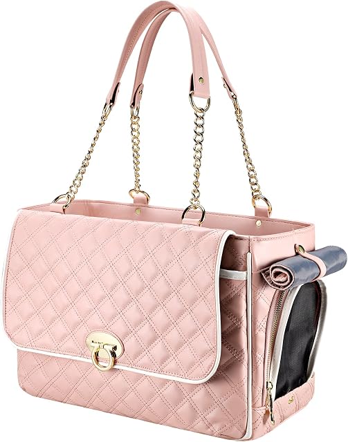 Fashion Dog Purse Carrier for Small Dogs with 2 Super-Large Pockets, Holds Up to 10lbs PU Leather Pet Carrier, Cat Carrier, Airline Approved Puppy Purse Carrier for Travel (Pink, Small Size)