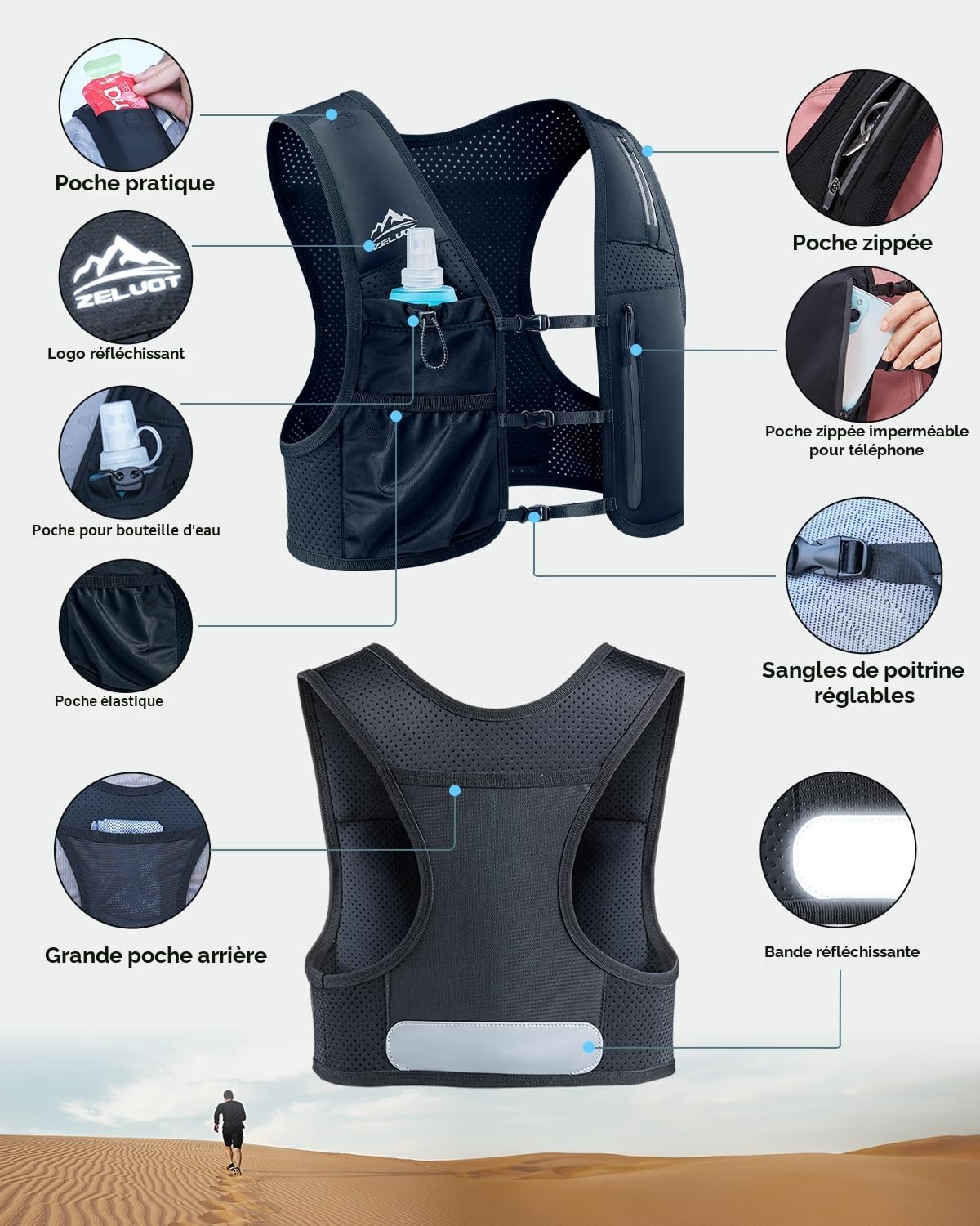 Zelvot Gilet d’Hydratation Unisexe, Gourde Souple 500ml, Poche Smartphone | 6 poches, 3 sangles réglables, 213 g, néoprène respirant, détails réfléchissants, confort léger pour trail, vélo et marathon