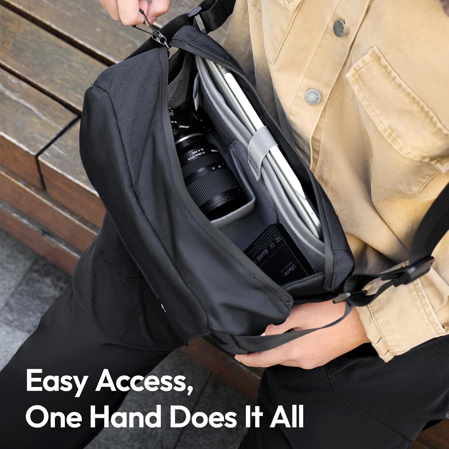 ULANZI BP11 8L Camera Sling Bag with Tripod Holder for Men Women, Lightweight Splash-proof DSLR/Mirrorless Anti-Theft Crossbody Bag for Travel Hiking Photography Customizable Front Pocket Camera Bag - Image 6