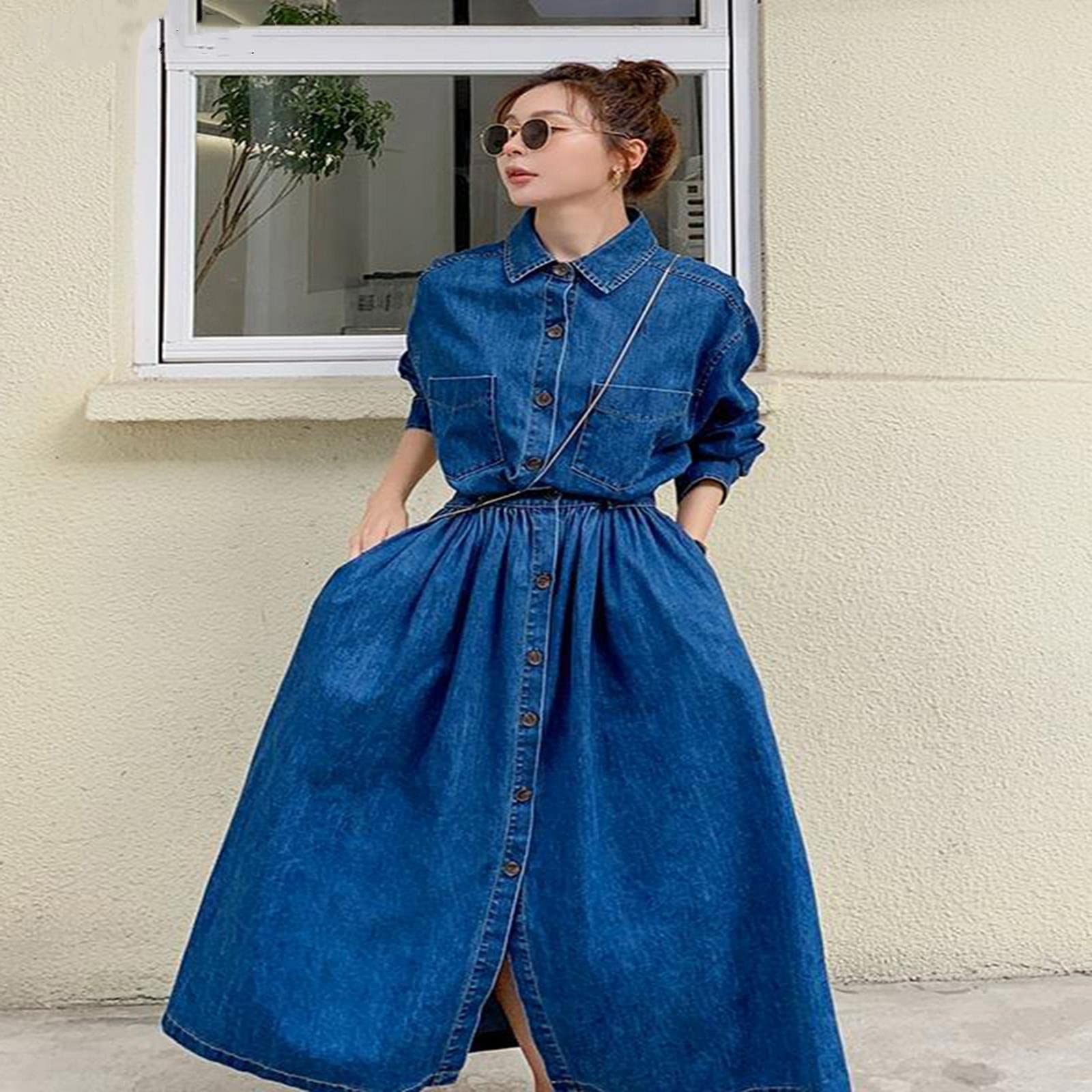 Maxi denim jurk met ruches en halve mouwen voor dames, casual losse pasvorm, lange jurk, Blauw, 38