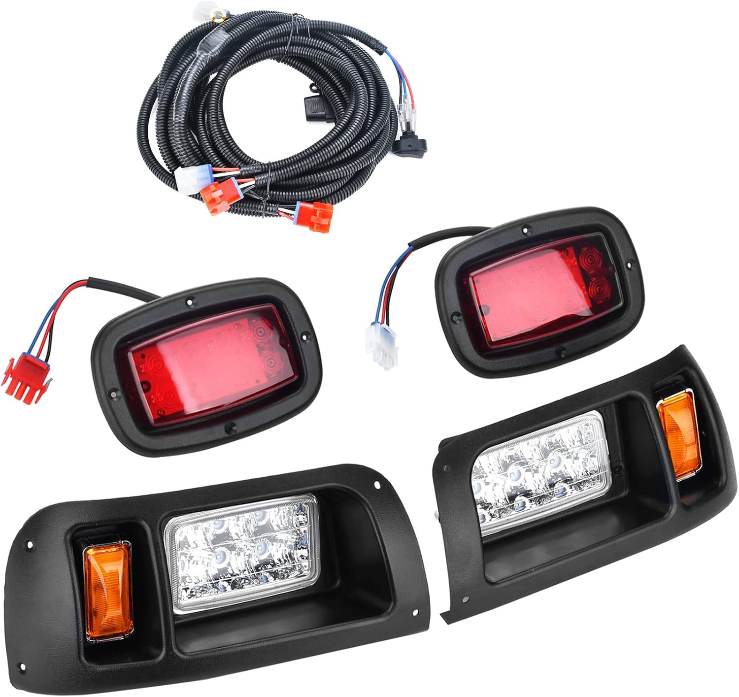 LED Lighting Kit, 12V Headlight Tail Light Kit for Club Car DS Golf Carts 1993-UP, Street Legal, Waterproof, Black/Red