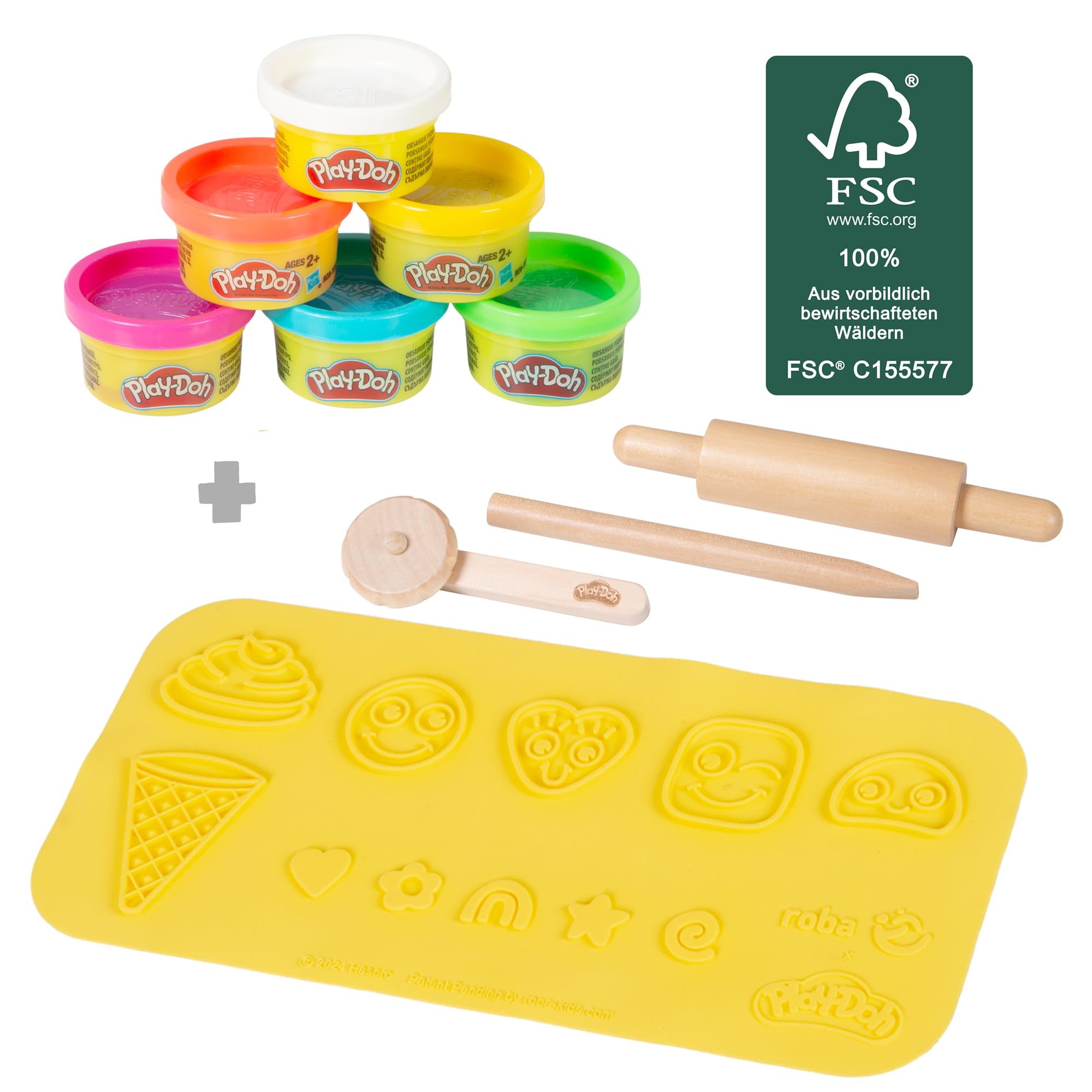 roba x Play-Doh Gelateria - Giocattolo in Legno Certificato FSC - 12 Barattoli di Plastilina, Attrezzi in Legno, Grembiule e Tappetino 3D - da 3 Anni