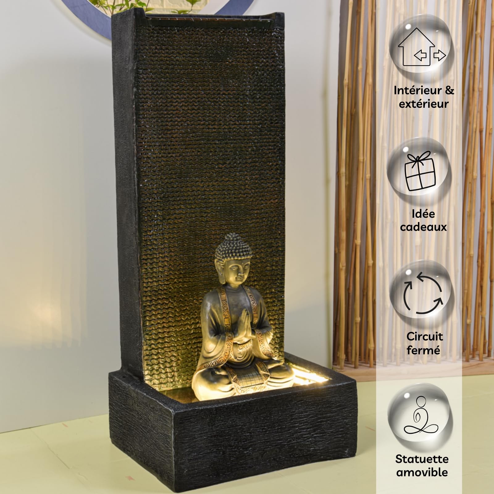 Fontaine d'Extérieur et d’Intérieur Mur d’Eau, Fontaine XL Décorative Jardin Terrasse Salon Grande Statue Amovible Personnalisable Bandeaux LED Blanc, Idée Cadeau, H100cm - XL Mur Bouddha Zen’Light