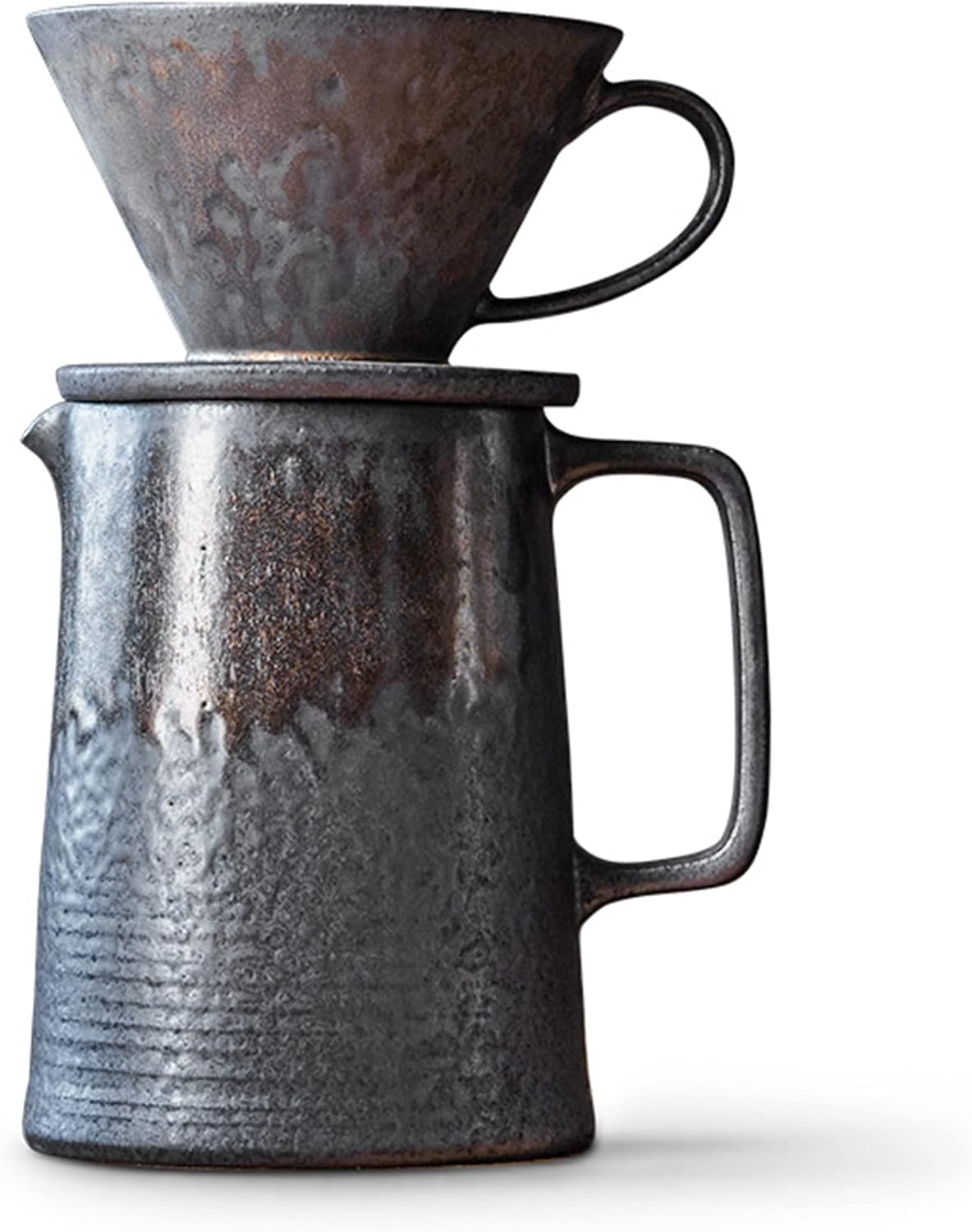 Pour Over Coffee Maker Set, Ceramic Coffee Dripper & Decanter, V-Shape Coffee Dripper with Annular Vein Texture, Ceramic Glazed 15oz (Blcak)