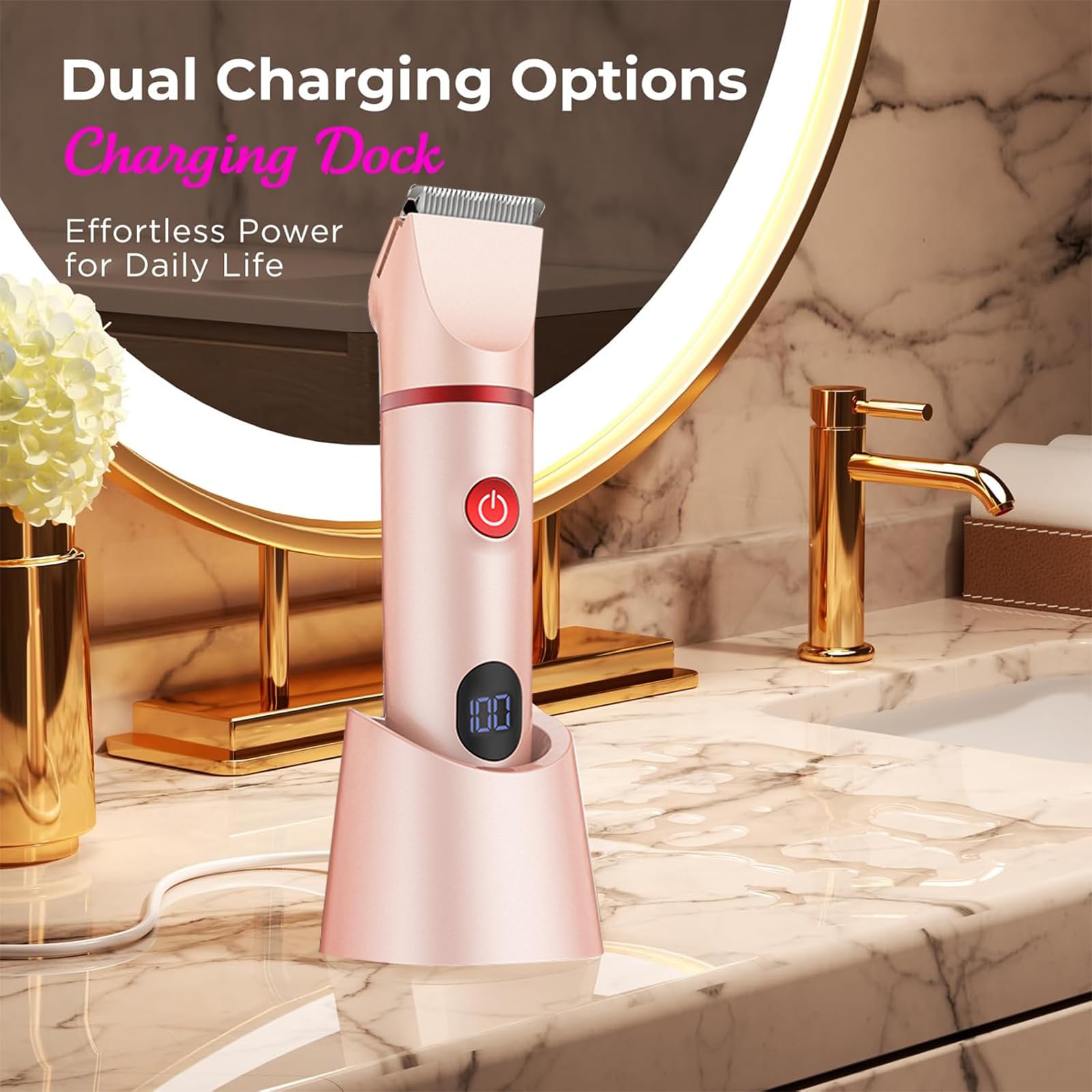 3 in 1 Rasoir Electrique Femme, Tondeuse Intime, IPX7 Étanche Rasoir Femme, utilisation humide et sèche pour le visage, les aisselles, les jambes (Rose)