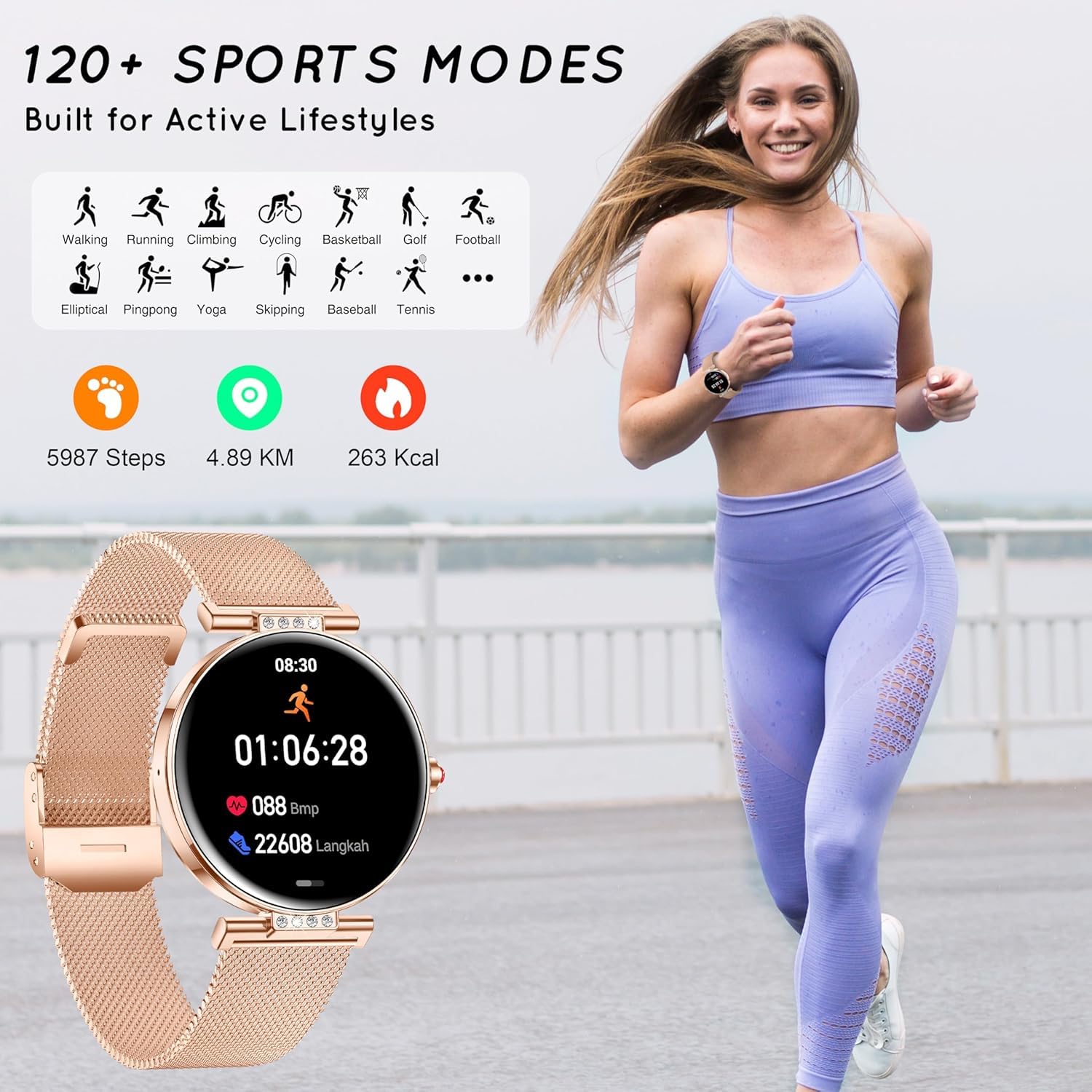 Reloj Inteligente Mujer Pantalla AMOLED 1,19'' Elegante Pequeño Oro Rosa | Reloj Deportivo Contador Monitor Sueño Pulsómetro SpO2 Smartwatch con Llamadas IP68 compatible con iPhone Android