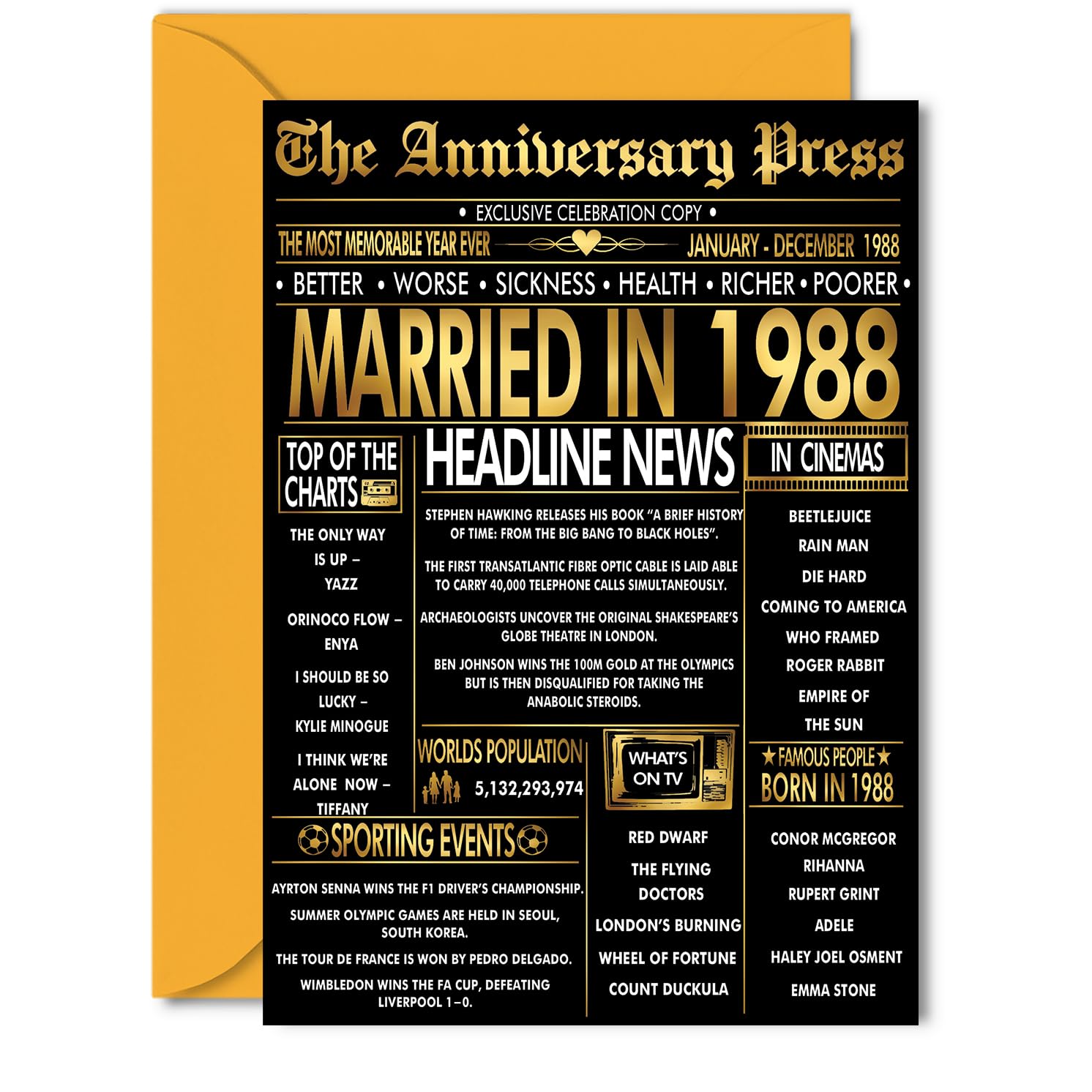Gold 38th Anniversary Card for Women Men - Golden Newspaper Married in 1988-38 Year Wedding Anniversary Card for Partner Wife Companion Husband, 5x7 Inch Anniversaries Greeting Cards