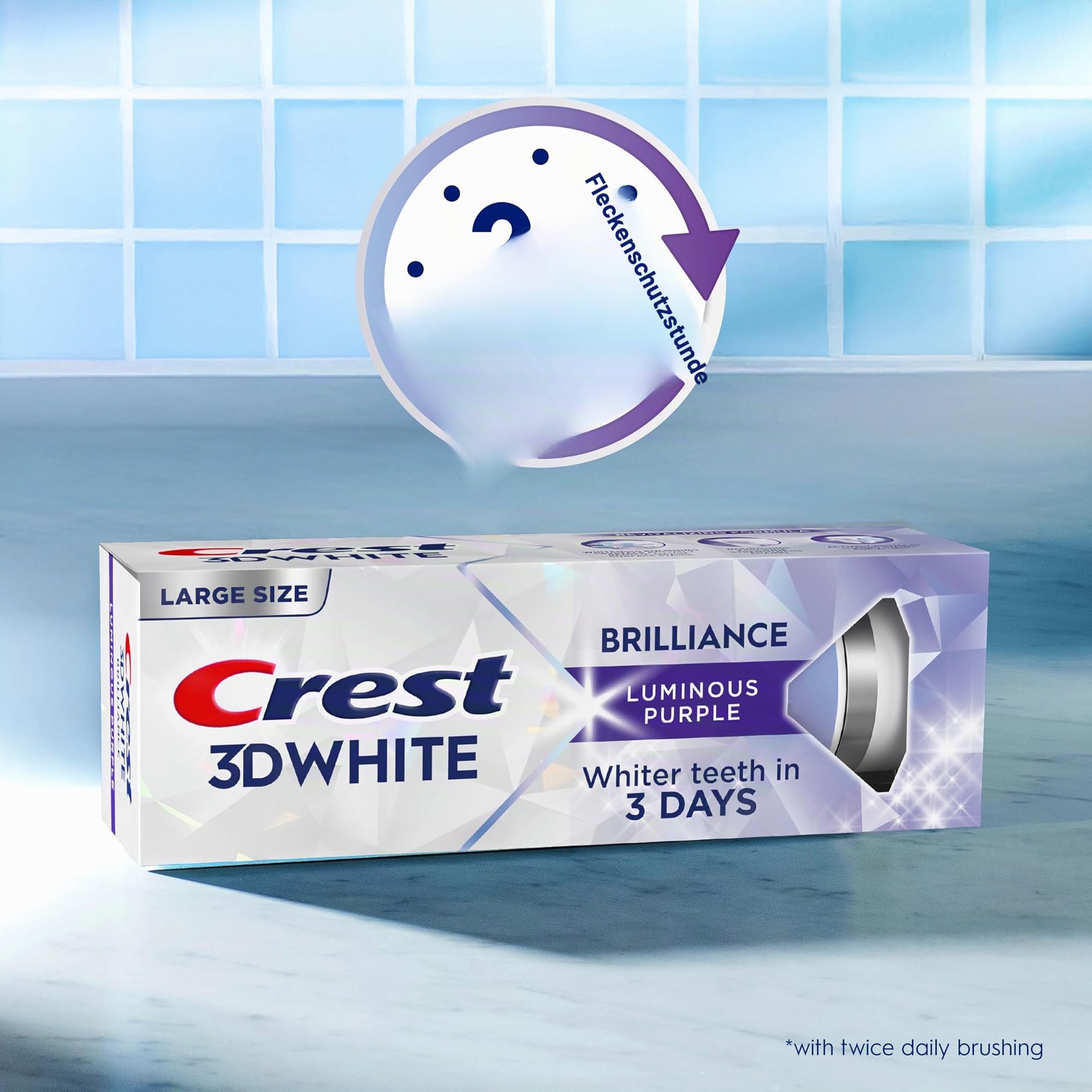 Crest 3D Whitening Zahnpasta, Weiß, Brilliance Luminous Purple, 3 Stück, 142 g, Fluorid Anti-Karies-Zahnpasta, bekämpft 100% mehr Oberflächenflecken, Vorbeugung