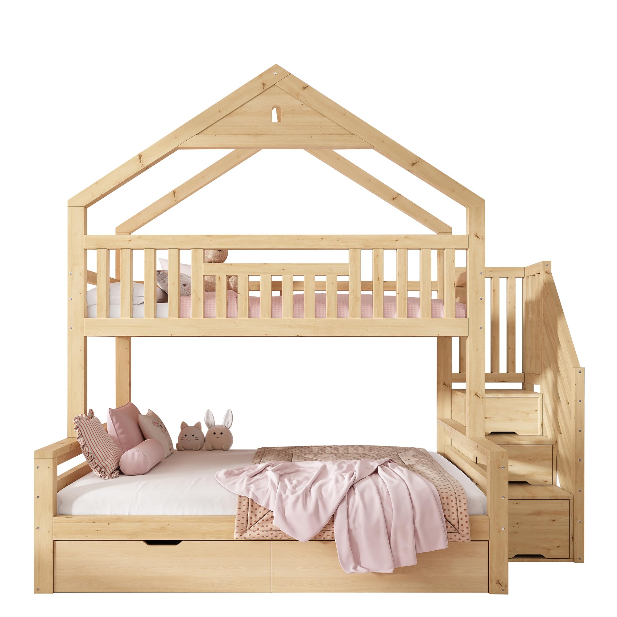 Shye Letto a castello per bambini, 90 x 200 e 140 x 200 cm, in legno con scale, 2 cassetti, tetto a battente, letto familiare, colore rovere (senza materasso)