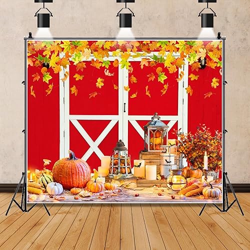 Miniatura 5 de Telón de fondo grande de otoño de 10 x 8 pies, granero rojo, calabaza, arces rústicos, cosecha, granero, fondo de granero, baby shower, cumpleaños,