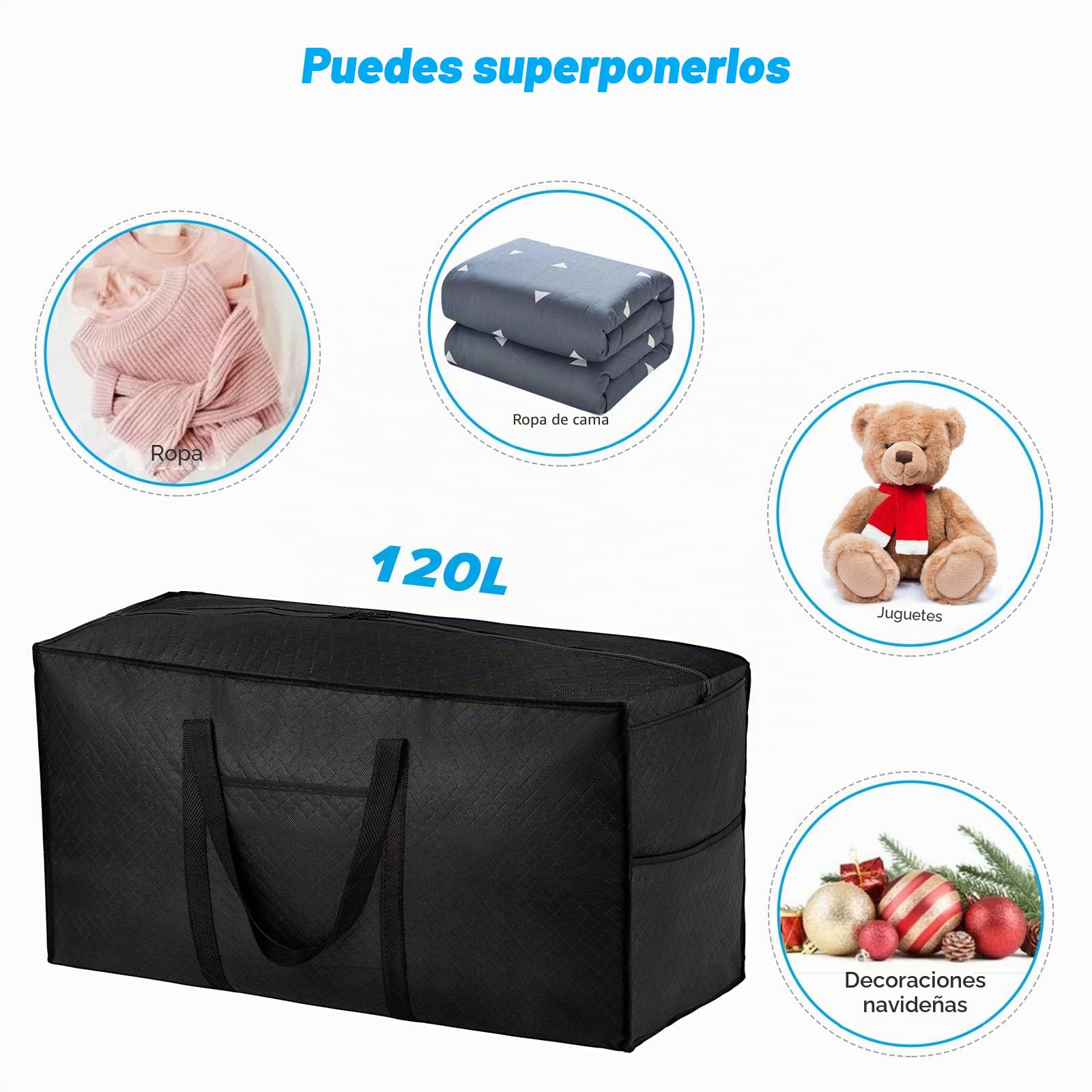 Paquete de 4 bolsas de almacenamiento extragrandes de 120L con tapa, bolsas de mudanza resistentes con cremalleras, bolsa de transporte para viajes, edredones, ropa, hogar, debajo de la cama