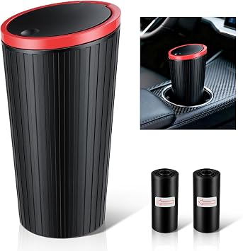 SINGARO Car Trash Can with Lid, Leakproof Mini Garbage Bin for Car Cup Holder, Small Trash Can for Vehicle, Home & Office - Includes 30 Bags, Easy Clean Black-Red