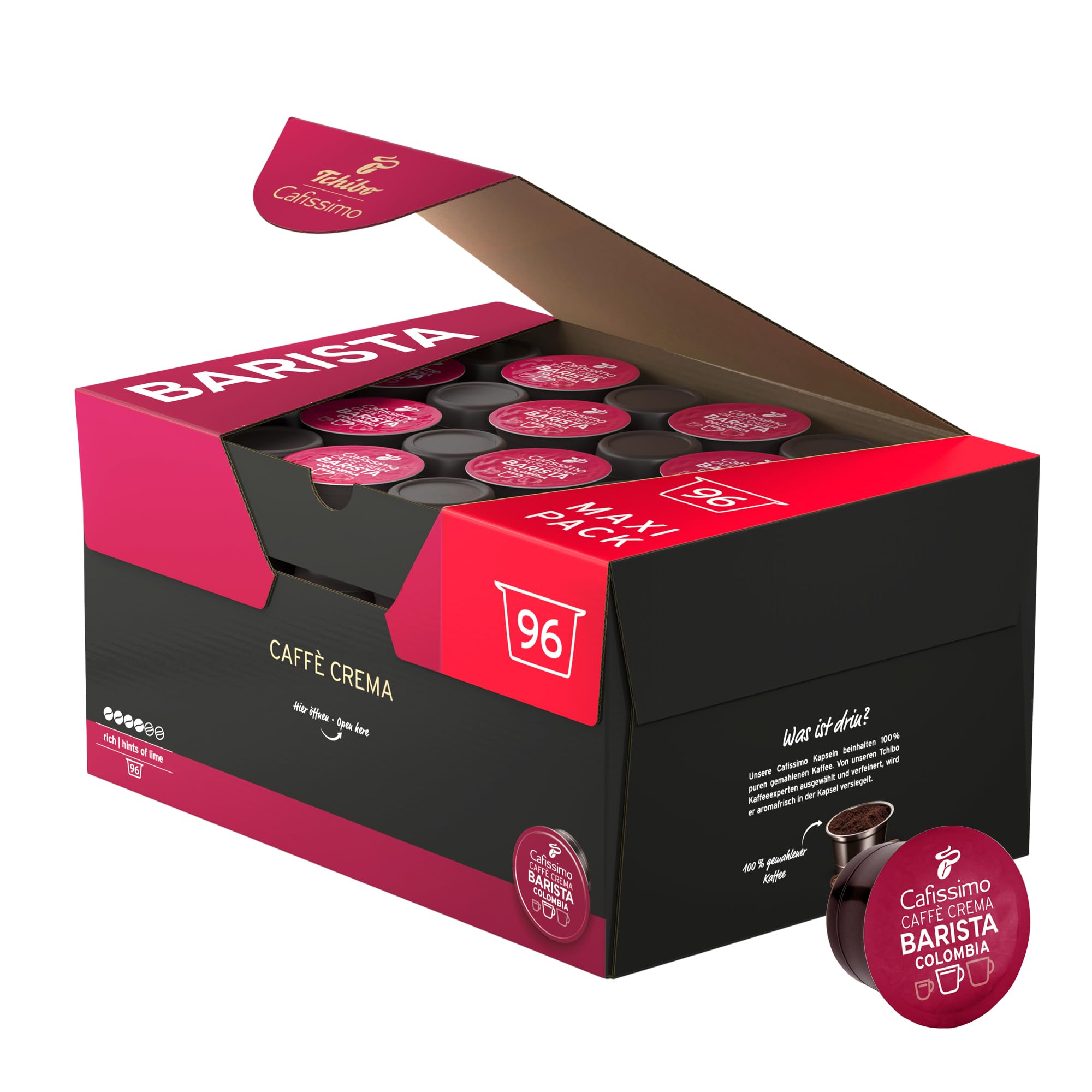 Tchibo Cafissimo Vorratsbox Caffè Crema Colombia Kaffeekapseln, 384 Stück – 4x 96 Kapseln (Kaffee, ausdrucksstark mit Hauch von Limette), nachhaltig & fair gehandelt