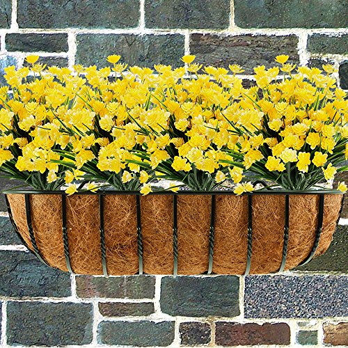 Temchy Artificial Daffodils Fake Large Flowers, 4 Bundles Yellow Uv Resistant Faux Greenery Foliage Plants Shrubs For Garden, Wedding, Outside Hanging Planter, Farmhouse Indoor Outdoor Decor #TOP4
