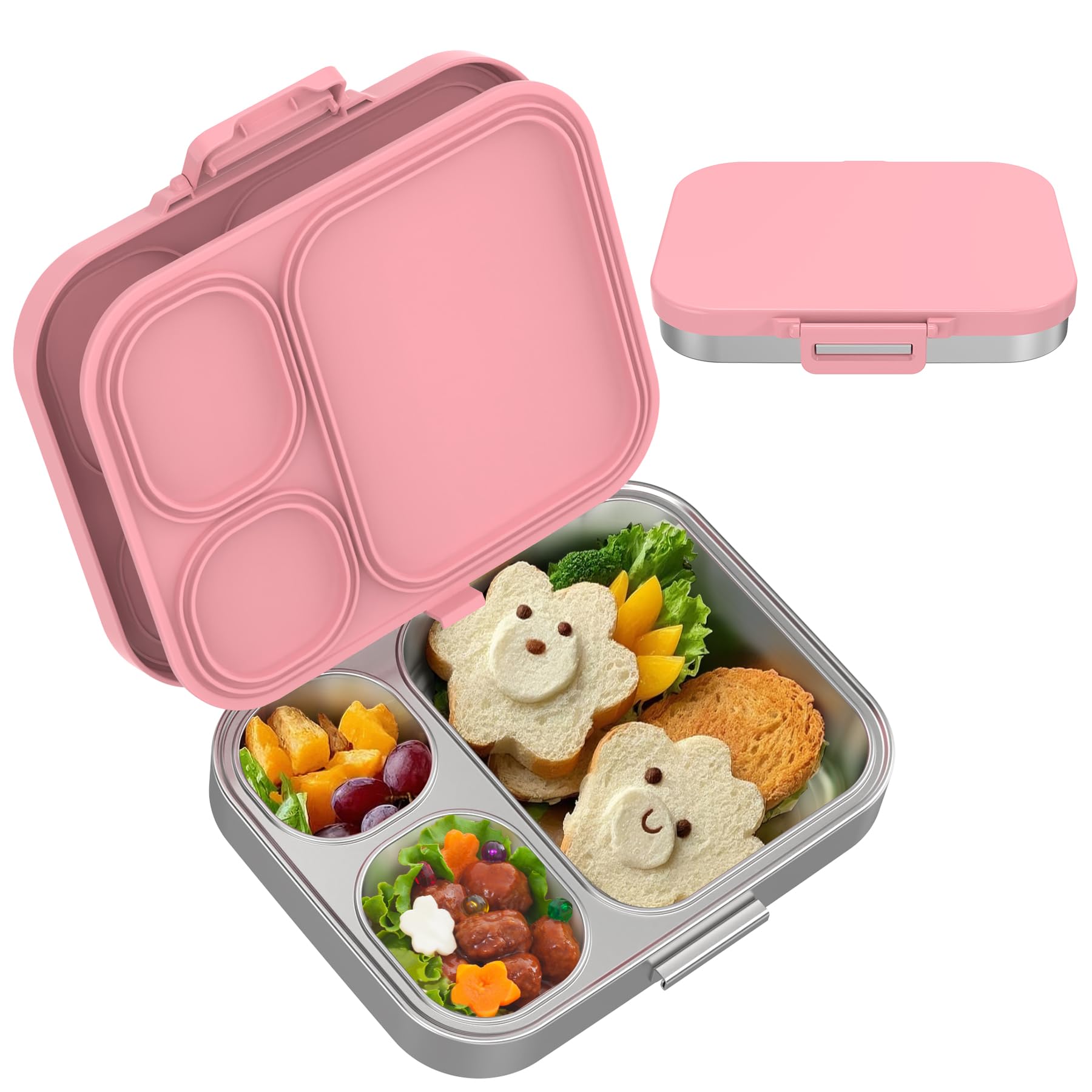 VITONIS Fiambrera de acero inoxidable para niños, fiambrera con 3 compartimentos A prueba de fugas, apta para lavavajillas, Adecuado para campus, picnic (rosa)