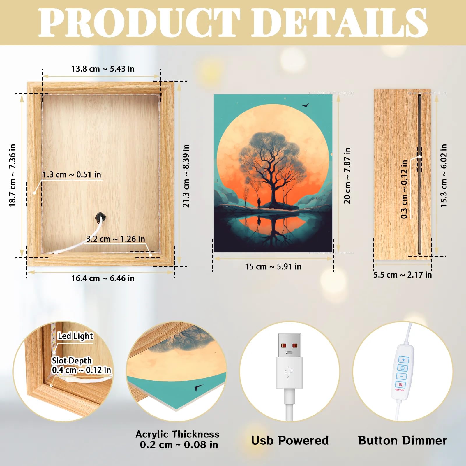 Light Up Painting, Tree of Life Wall Art Picture Light Sunset Tree Light Up Desktop Art Frame, 10 Brightness, USB Powered, 3 Lighting Modes, Anxiety Relief Decor Gift for Bedroom Home