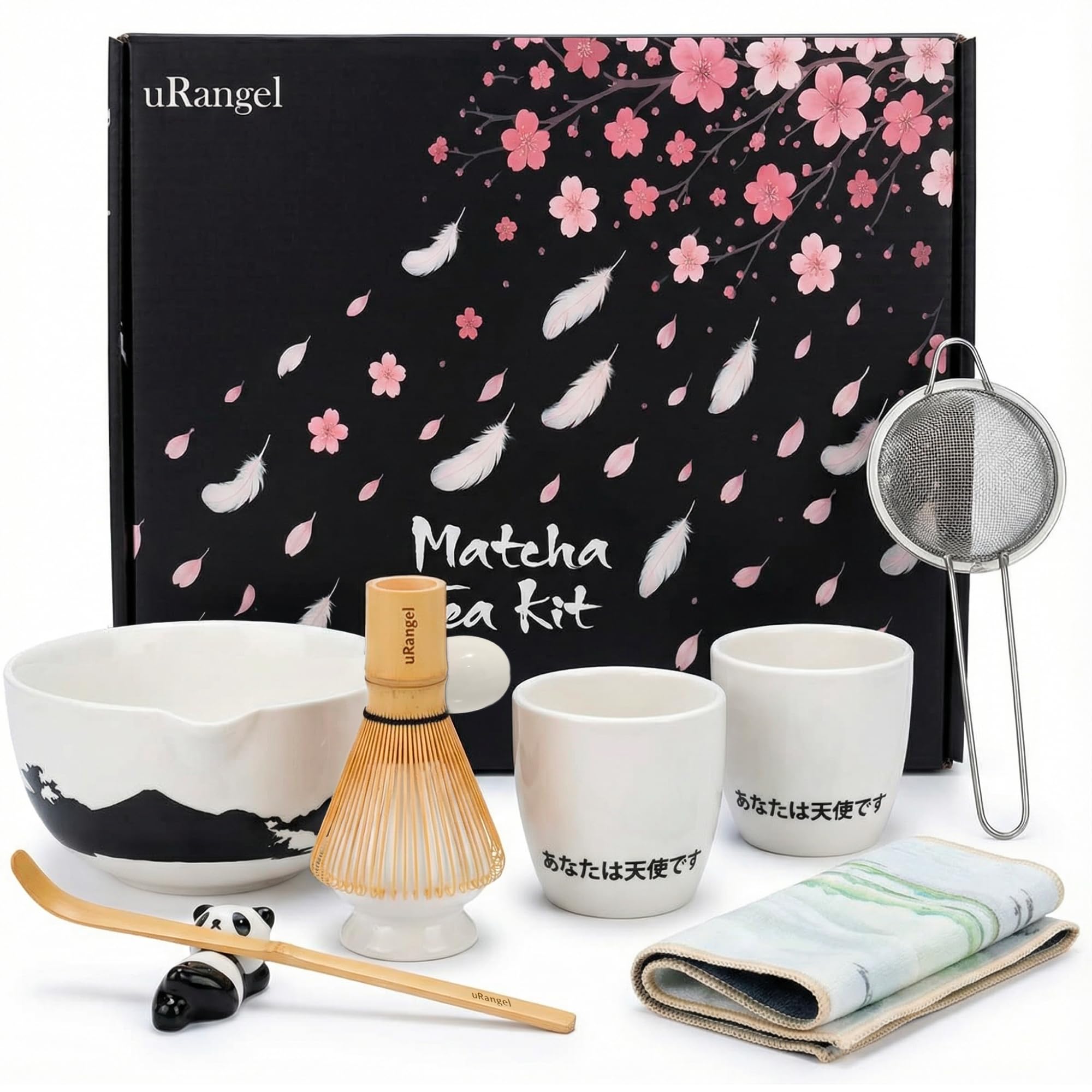 uRangel-Kit Matcha Complet 9PCS-Coffret Matcha avec Bol Matcha Chawan Sans Plomb-Fouet Matcha Chasen 100 Brins-Spatule Bambou-Accessoires Matcha-Cérémonie Matcha Japonaise-Idée Cadeau